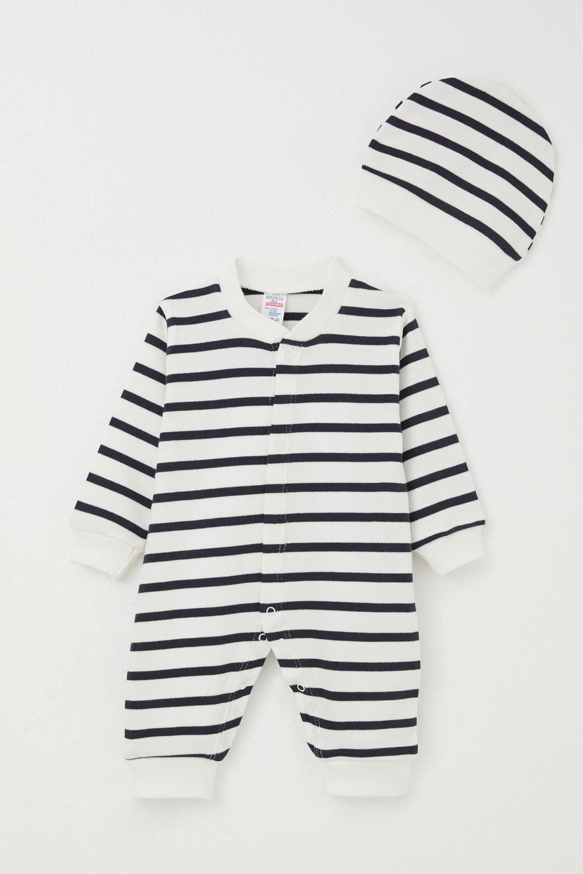 Breeze Erkek Bebek Tulum Çizgili Beyaz (0-6 Ay)