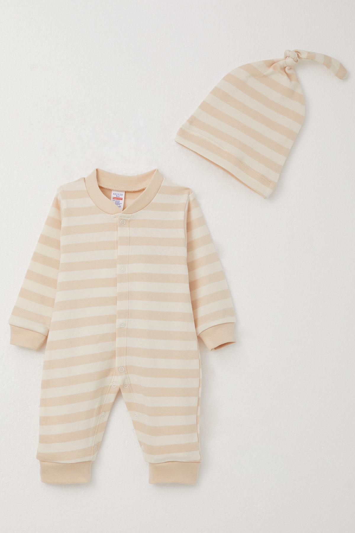 Breeze Erkek Bebek Tulum Çizgili Krem (0-6 Ay)