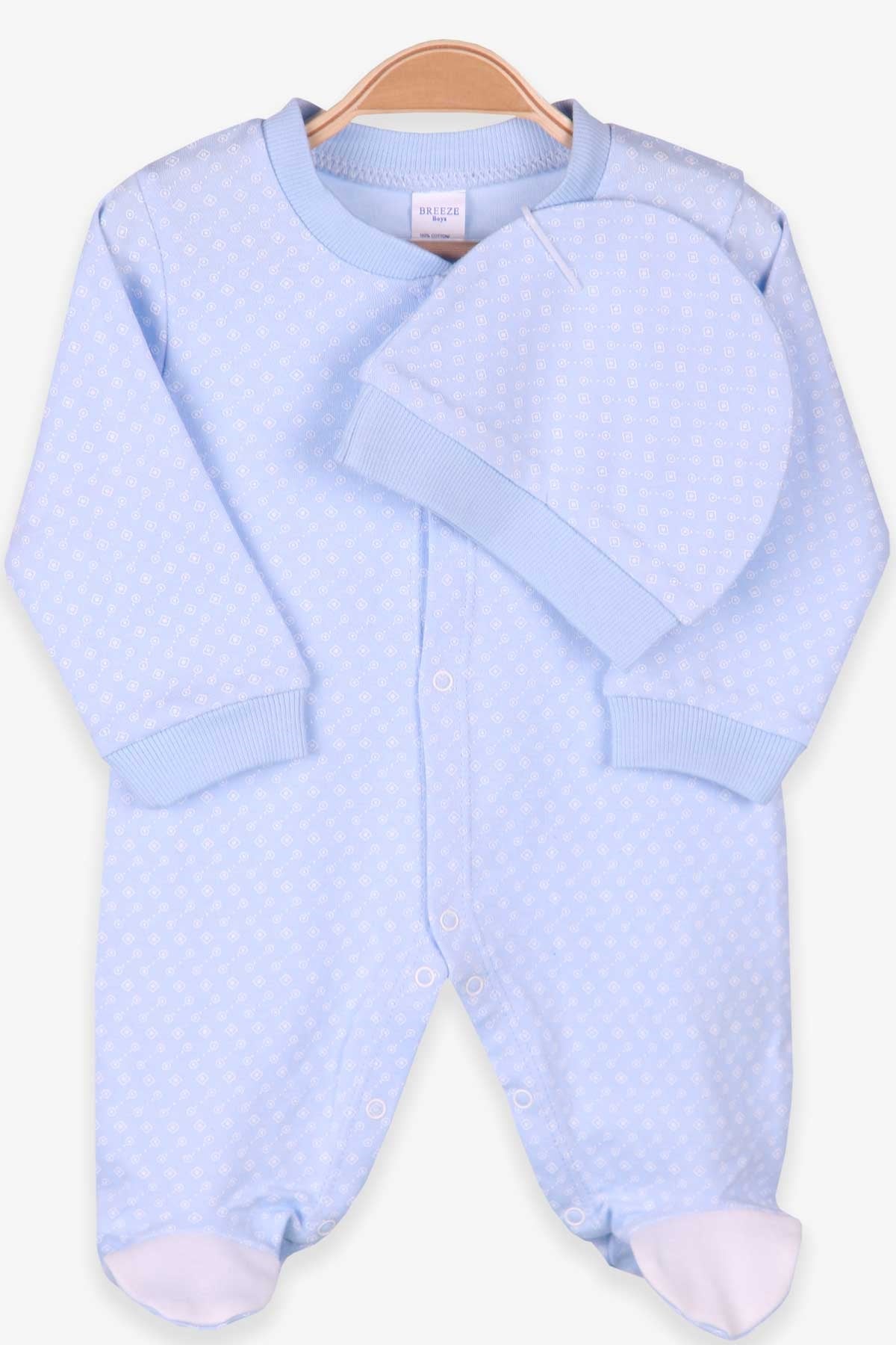 Breeze Erkek Bebek Tulum Desenli Şapkalı Set Buz Mavisi (0-3 Ay-4 Ay)