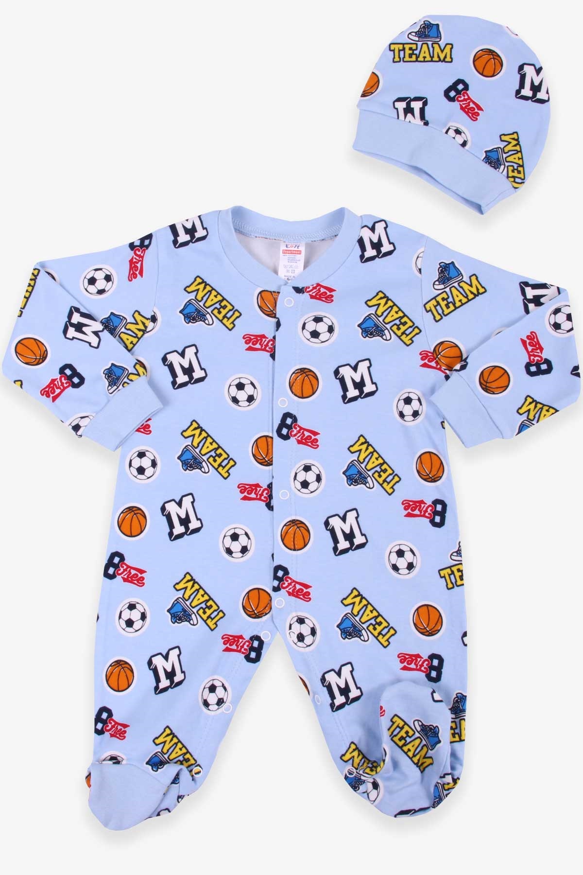 Breeze Erkek Bebek Tulum Desenli Şapkalı Set Açık Mavi (0-3-6 Ay)