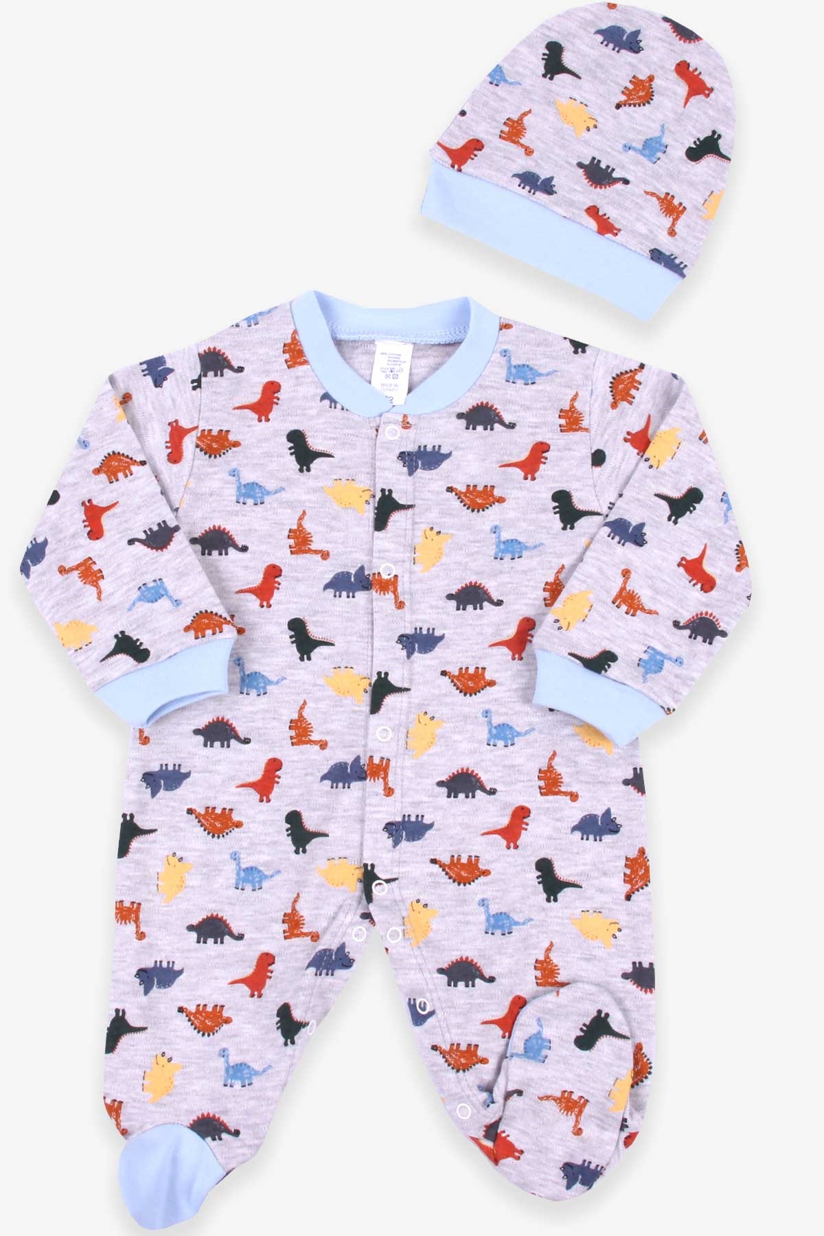 Breeze Erkek Bebek Tulum Dinozorlu Şapkalı Set Gri Melanj (0-3-6 Ay)
