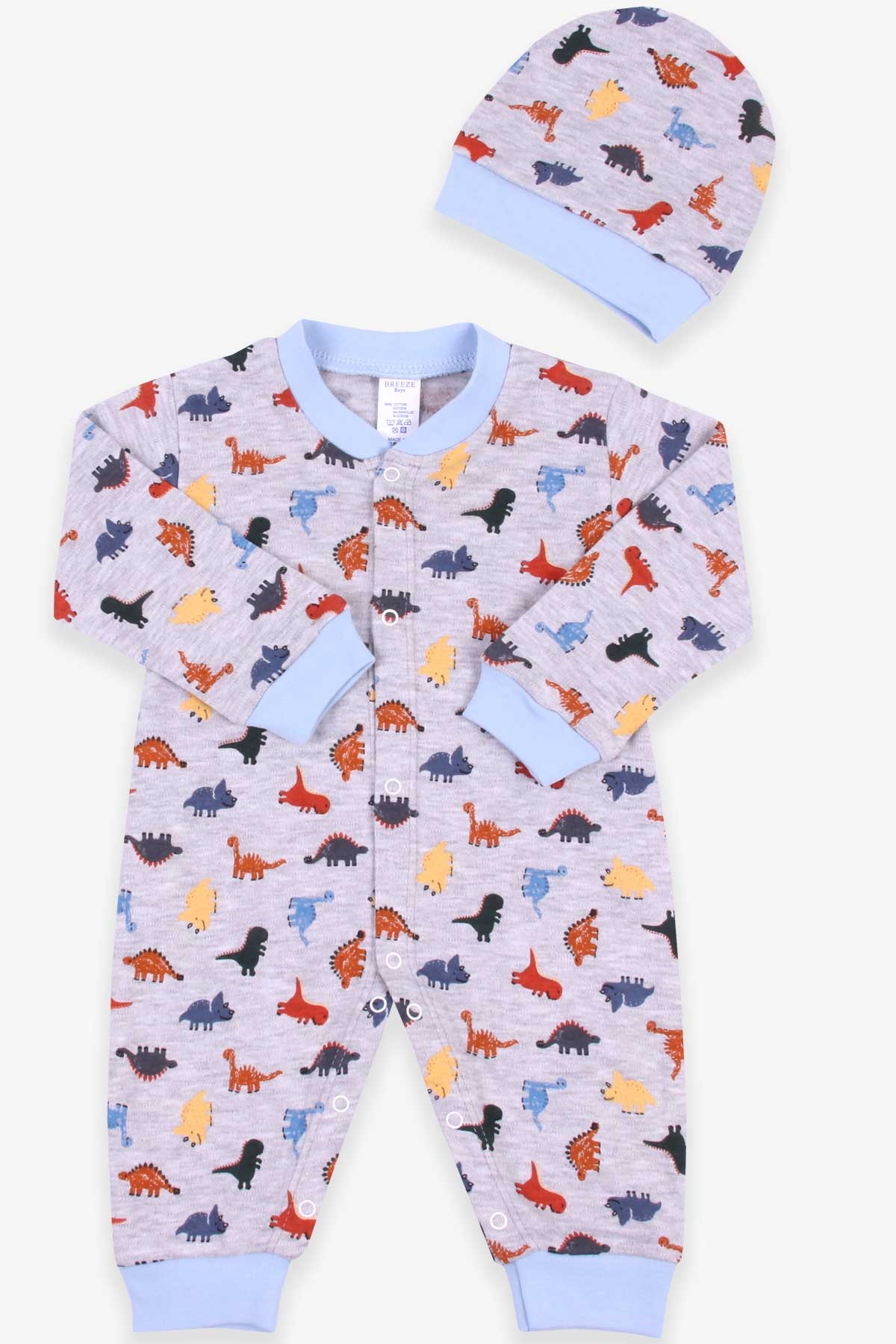 Breeze Erkek Bebek Tulum Dinozorlu Şapkalı Set Gri Melanj (0-3-6 Ay)