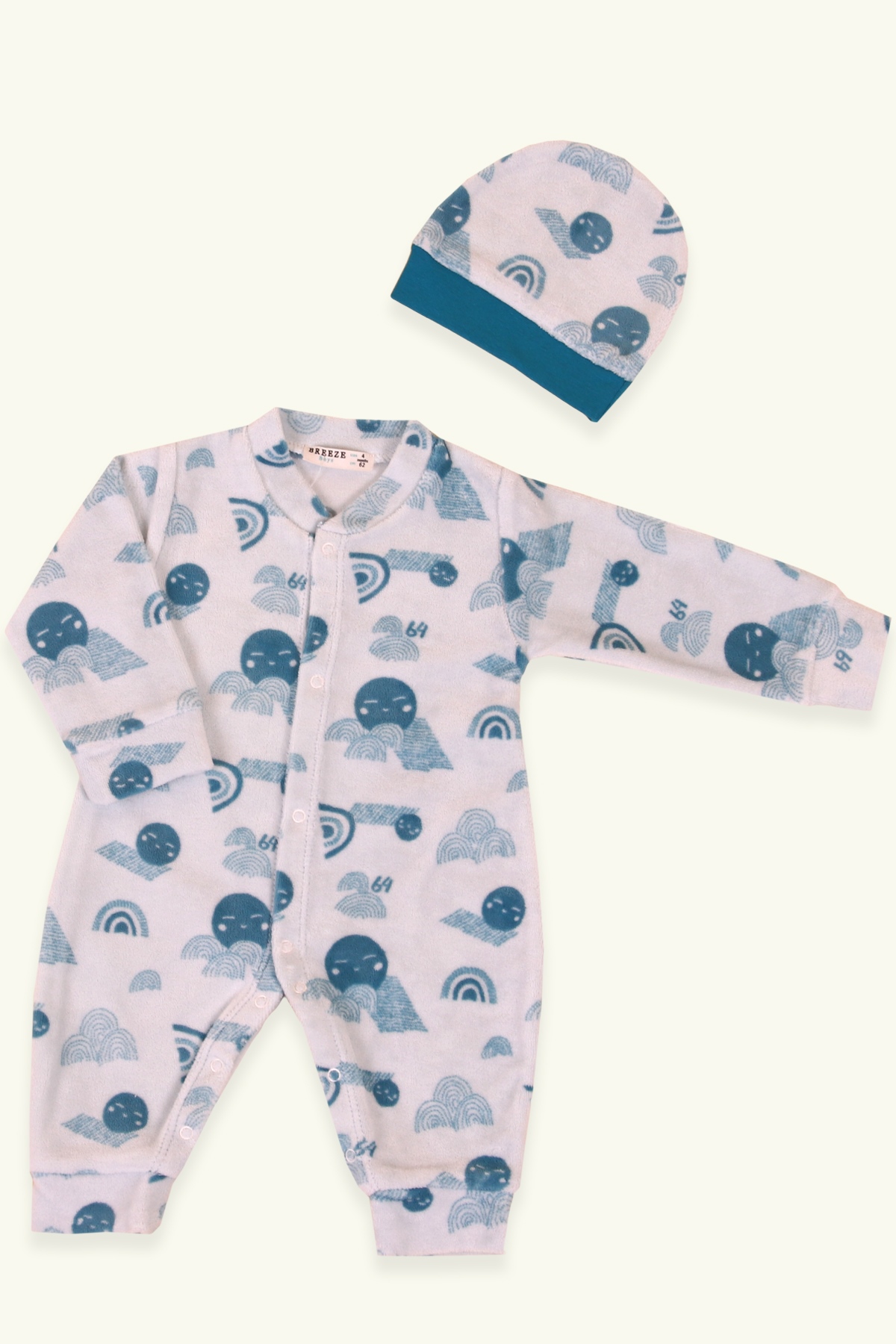 Breeze Erkek Bebek Tulum Emoji Desenli Bebe Mavisi (0-3 Ay-4 Ay)