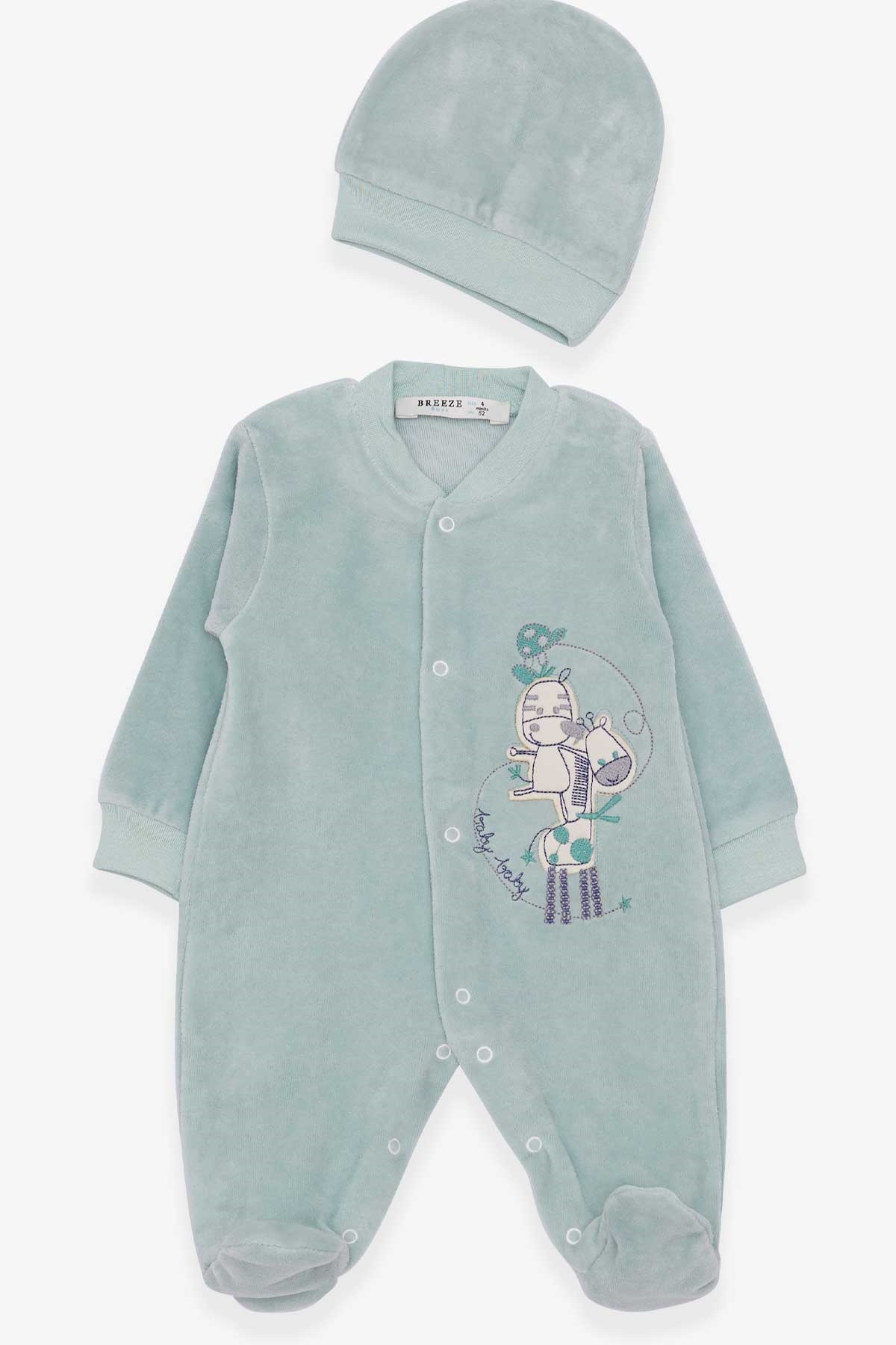 Breeze Erkek Bebek Tulum Kadife Zürafa Nakışlı Mint Yeşili (0-3 Ay-6 Ay)