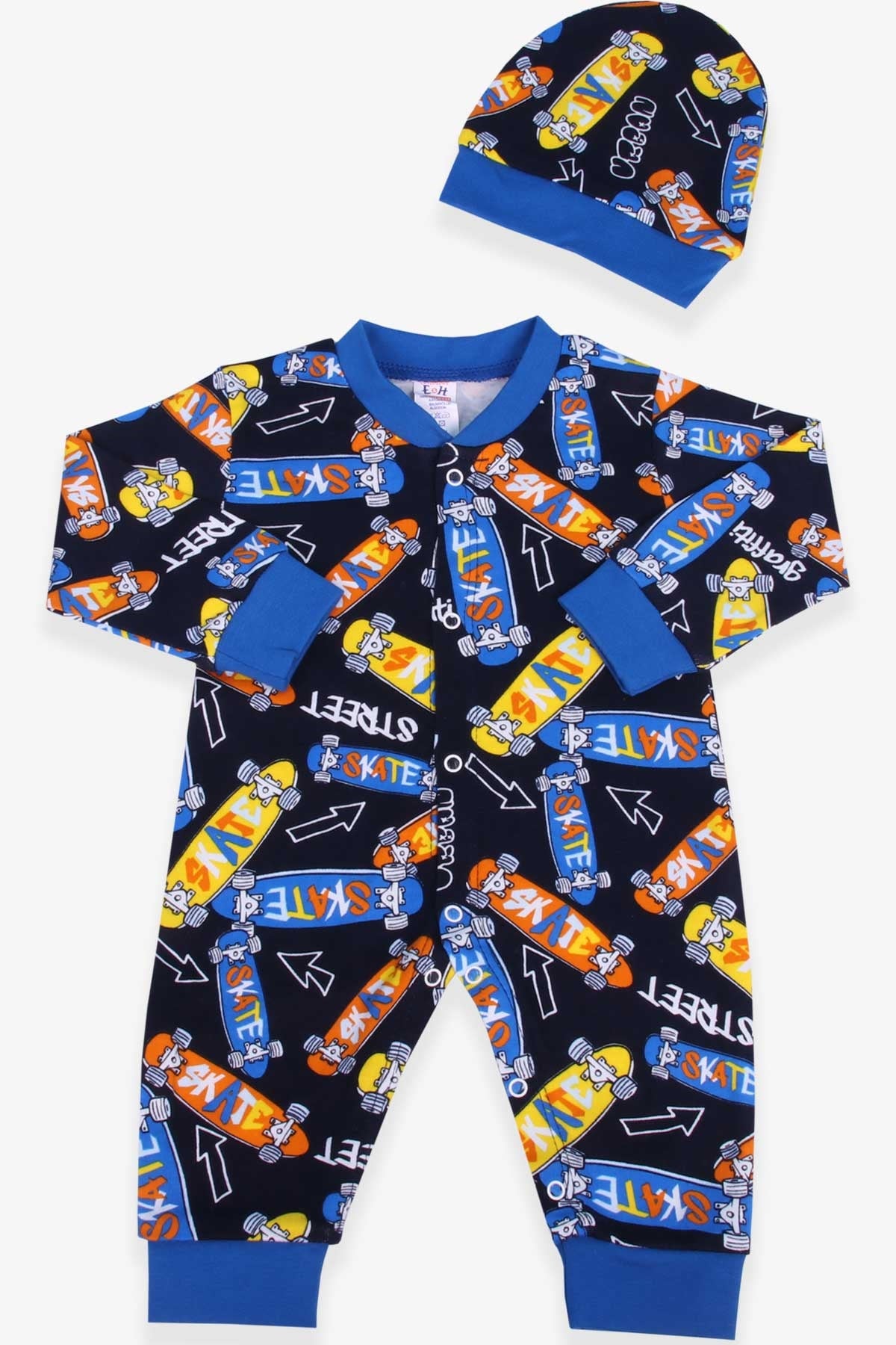 Breeze Erkek Bebek Tulum Kaykay Desenli Şapkalı Set Lacivert (0-3 Ay-6 Ay)