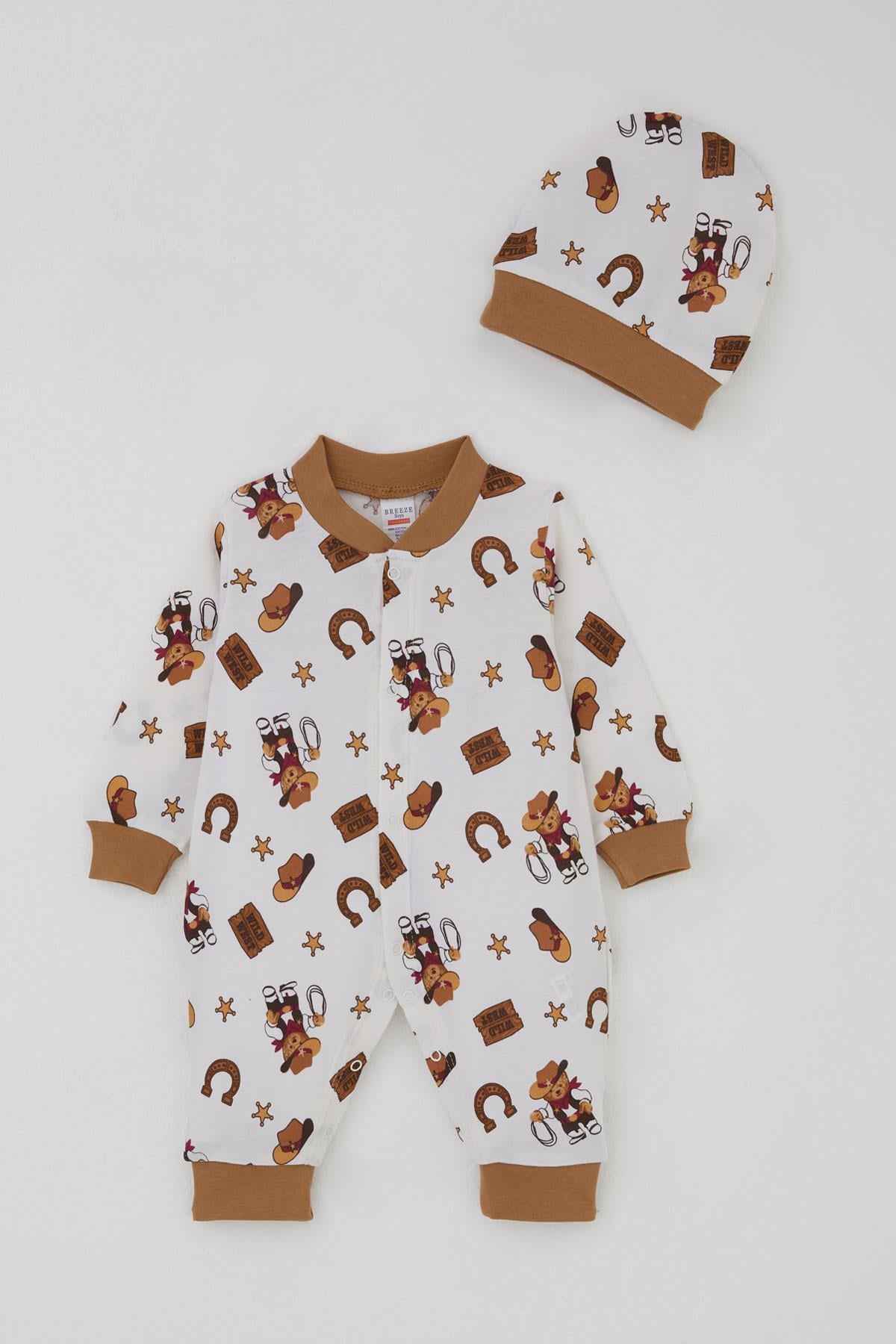 Breeze  Erkek Bebek Tulum Mini Kovboy Ayıcık Desenli Ekru (0-6 Ay)