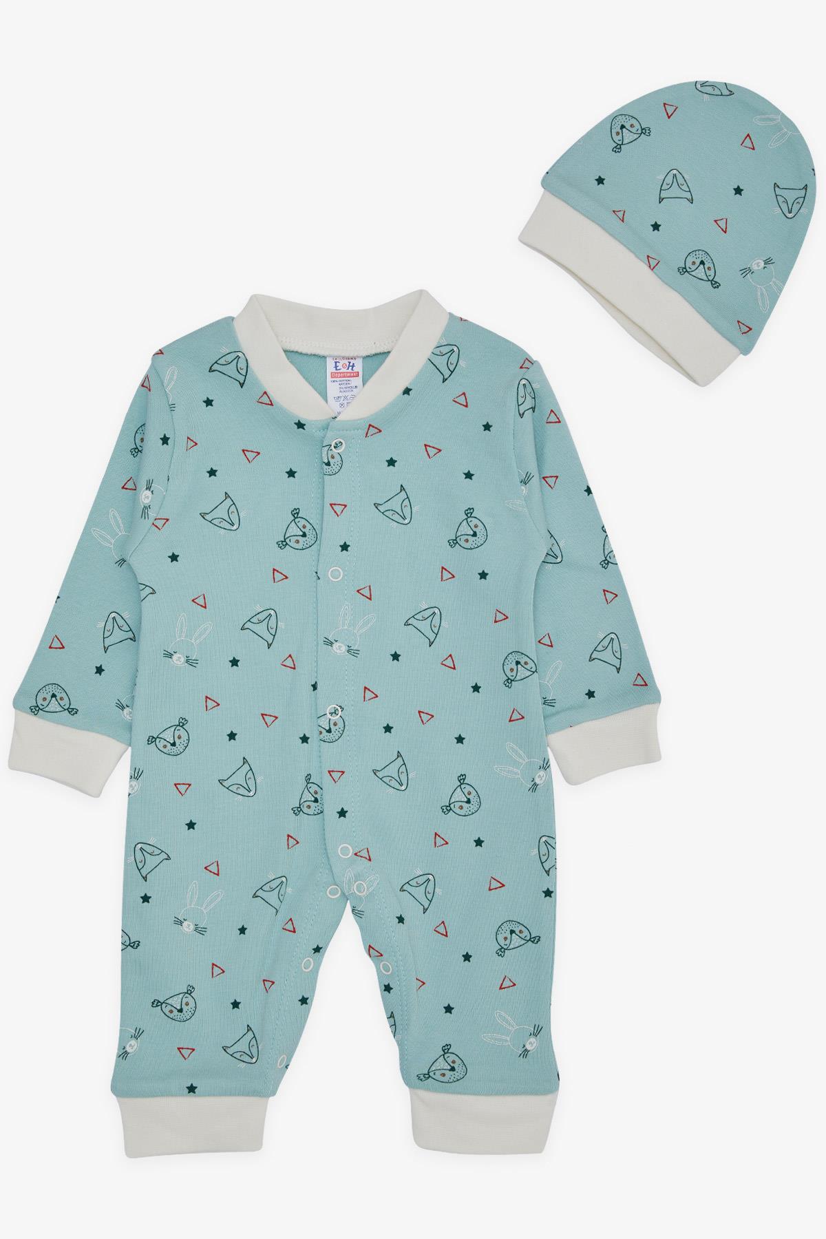 Breeze Erkek Bebek Tulum Sevimli Hayvancıklar Desenli Mint Yeşili (0-6 Ay)