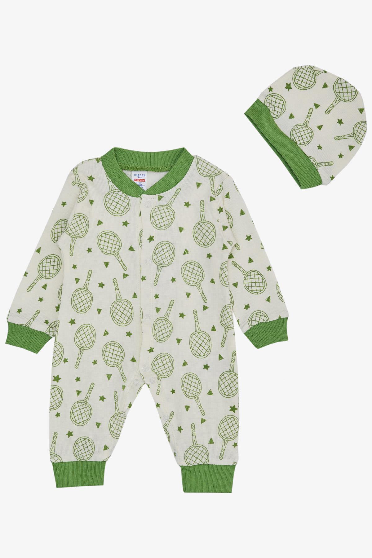 Breeze Erkek Bebek Tulum Spor Temalı Raket Desenli Ekru (0-6 Ay)