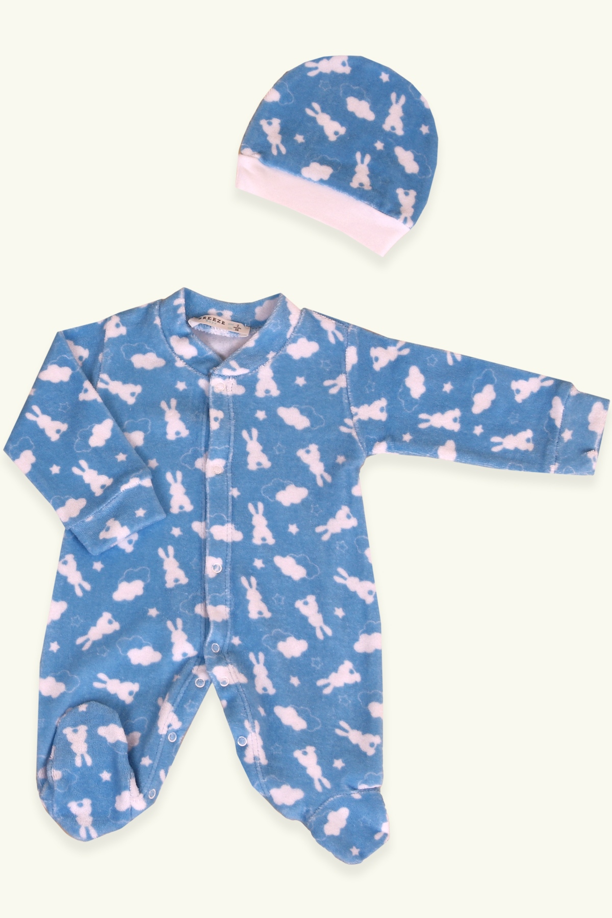 Breeze Erkek Bebek Tulum Tavşan Desenli Buz Mavisi (0-3 Ay-4 Ay)
