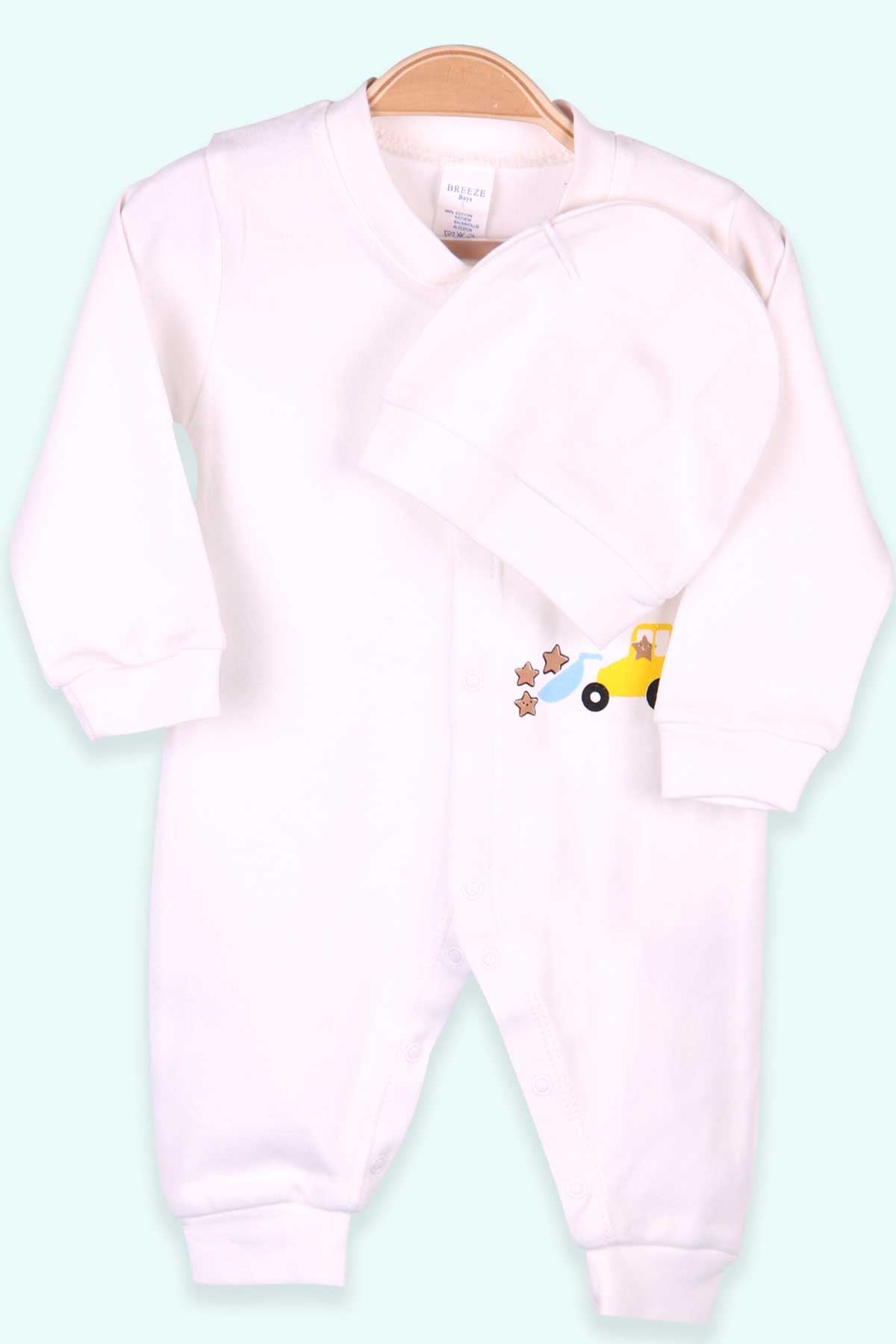 Breeze Erkek Bebek Tulum Yıldızlı Şapkalı Set Ekru (0-3 Ay-4 Ay)