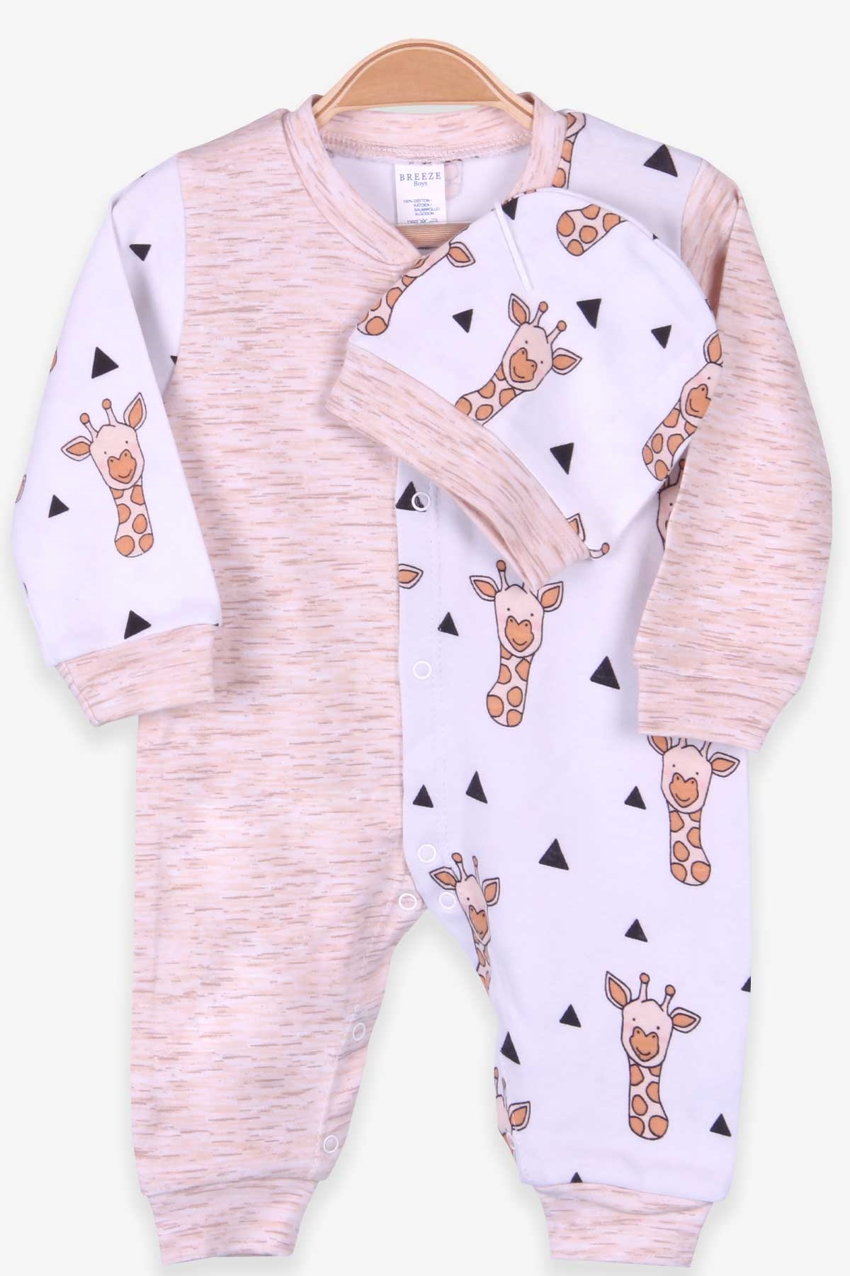 Breeze Erkek Bebek Tulum Zürafa Desenli Şapkalı Set Ekru (0-3 Ay-4 Ay)