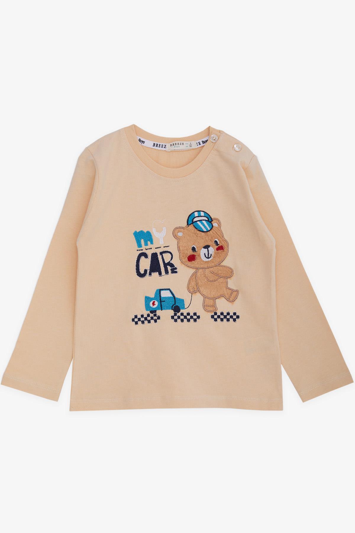 Breeze Erkek Bebek Uzun Kollu Tişört Ayıcık Baskılı Yazı Nakışlı Bej (9 Ay-3 Yaş)