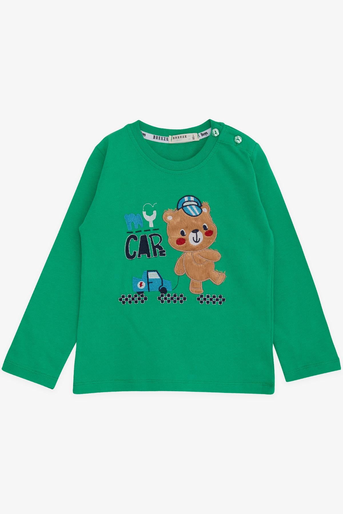 Breeze Erkek Bebek Uzun Kollu Tişört Ayıcık Baskılı Yazı Nakışlı Yeşil (9 Ay-3 Yaş)