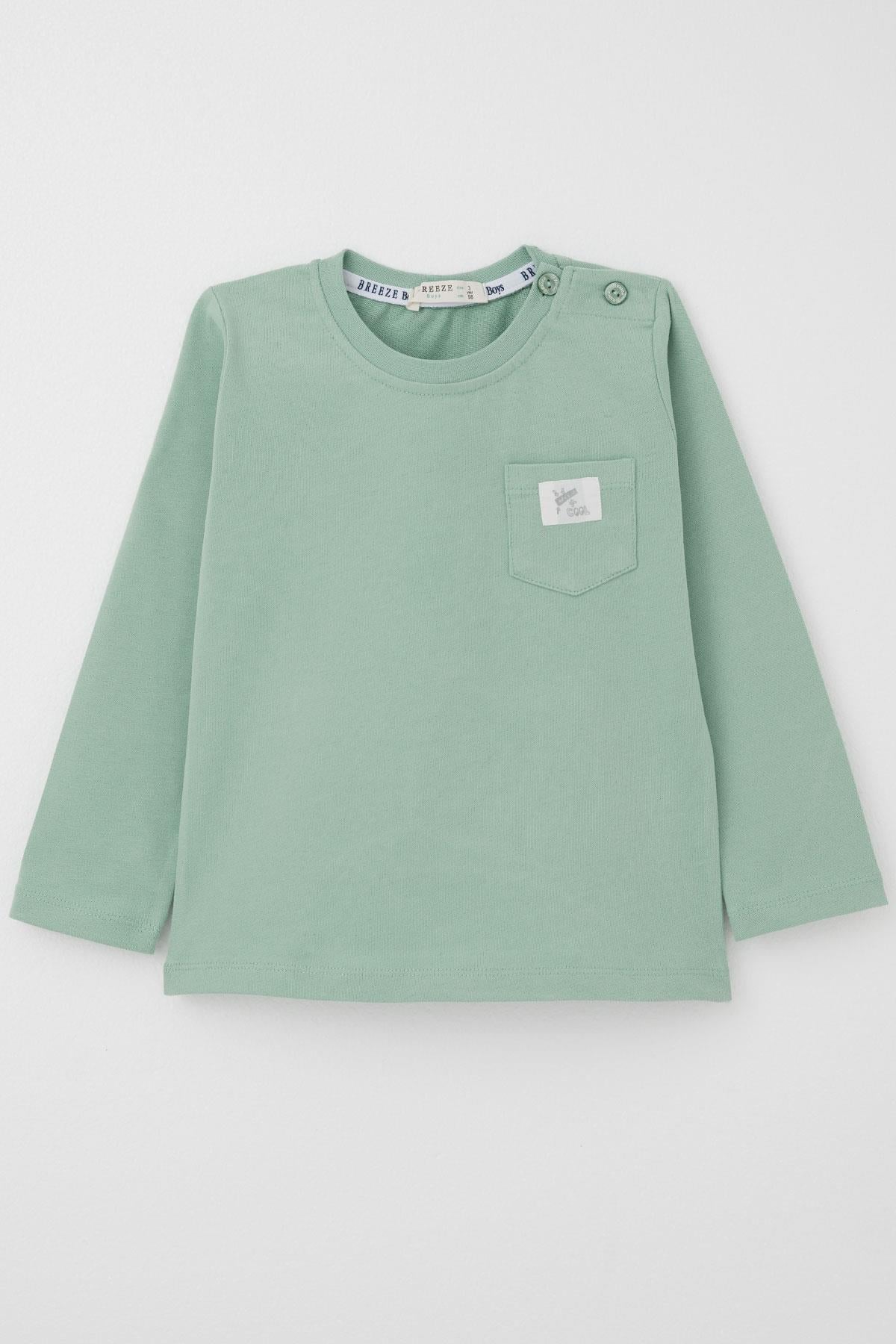 Breeze Erkek Bebek Uzun Kollu Tişört Cep Detaylı Cool Yazı Armalı Su Yeşili (9 Ay-3 Yaş)