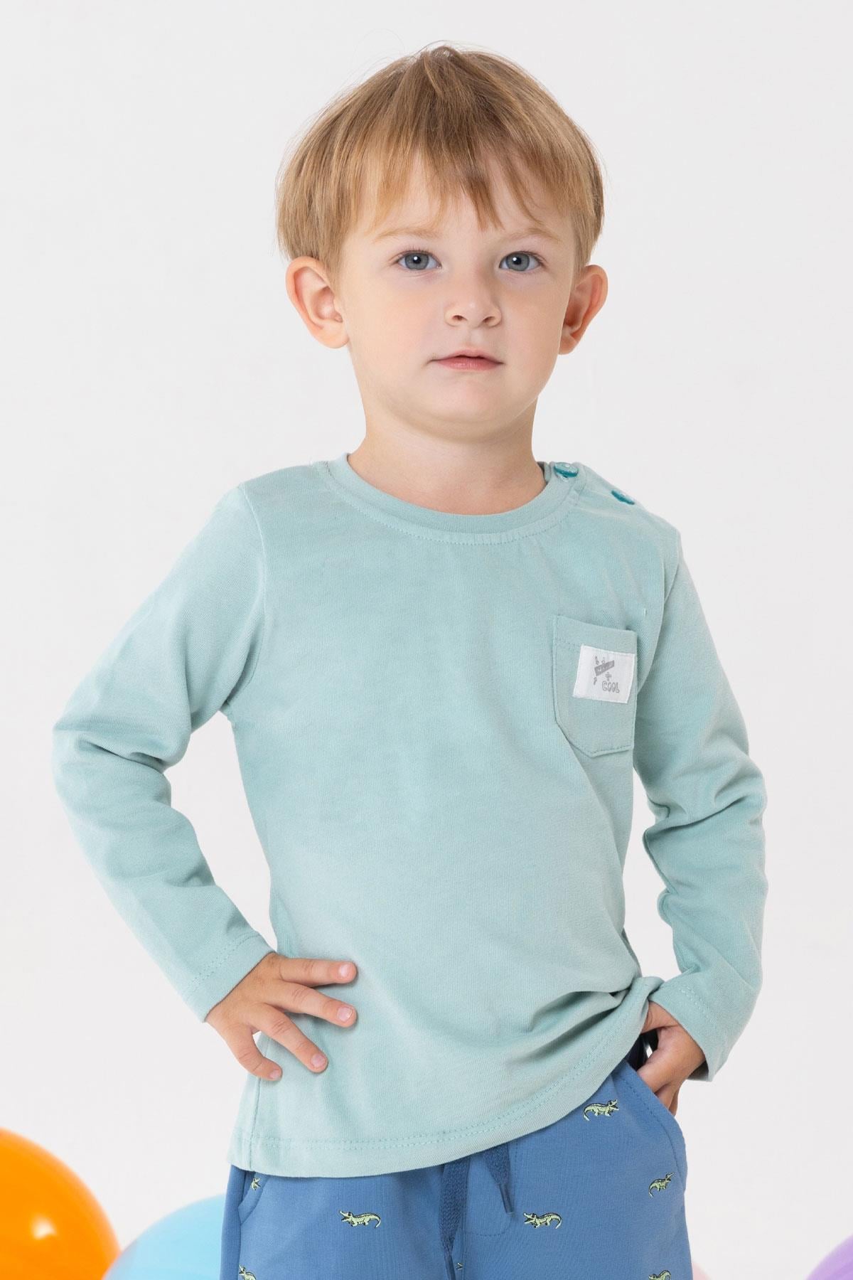 Breeze Erkek Bebek Uzun Kollu Tişört Cool Yazı Armalı Cepli Su Yeşili (9 Ay-3 Yaş)