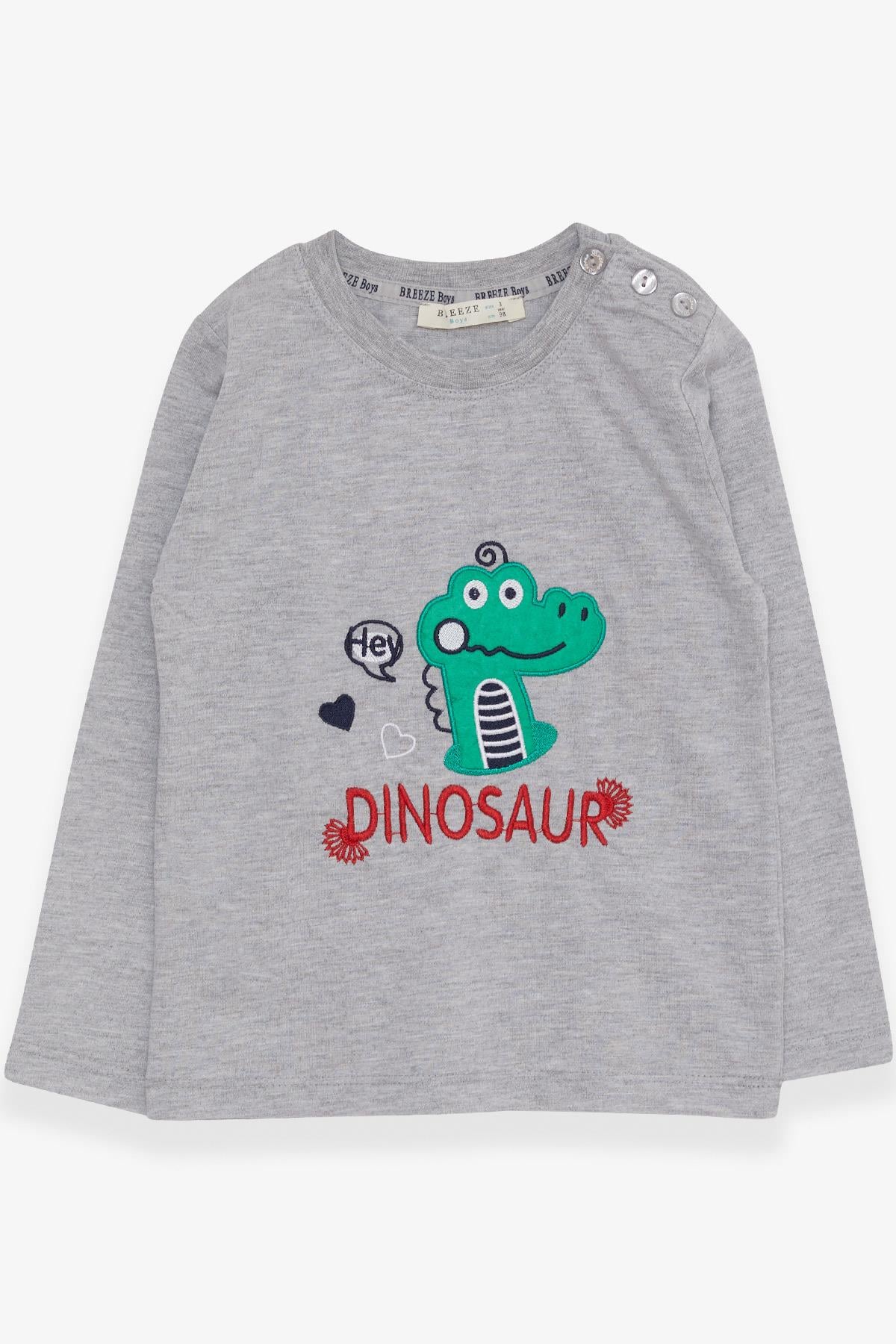 Breeze Erkek Bebek Uzun Kollu Tişört Dinozor Nakışlı Gri Melanj (9 Ay-3 Yaş)