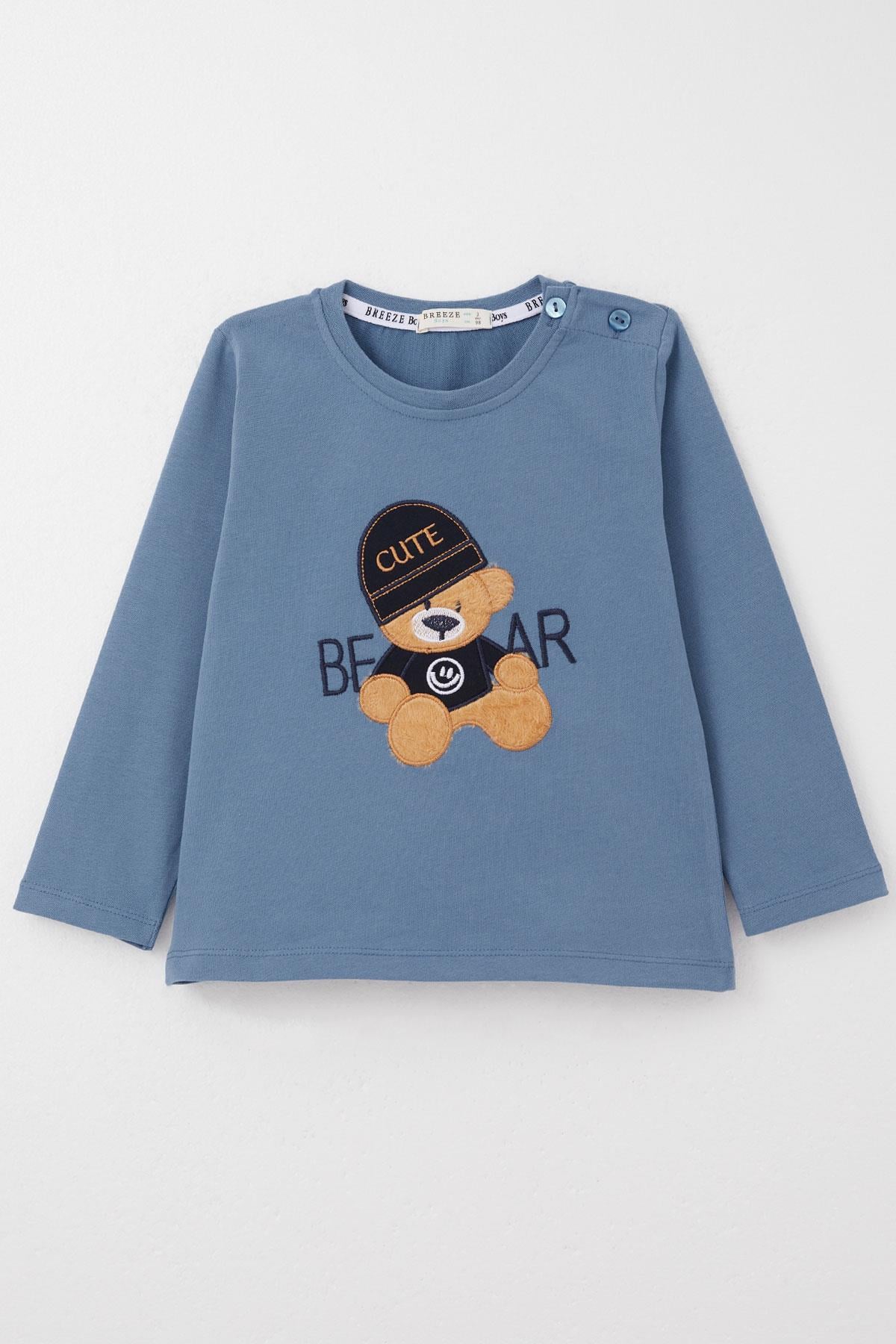 Breeze Erkek Bebek Uzun Kollu Tişört Havalı Ayıcık Nakışlı İndigo (9 Ay-3 Yaş)