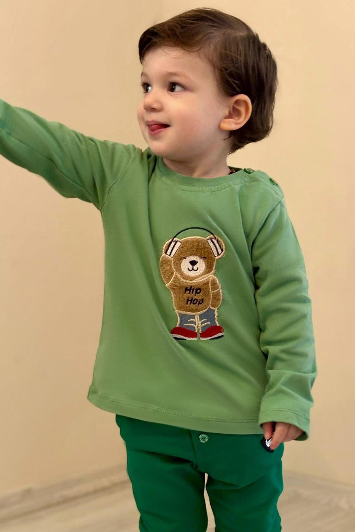 Breeze Erkek Bebek Uzun Kollu Tişört Hip Hop Ayıcık Nakışlı Mint Yeşili (9 Ay-1.5 Yaş)