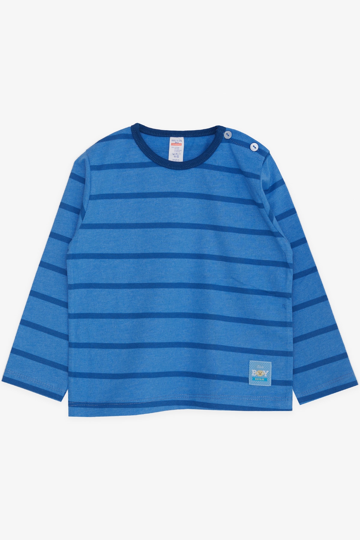 Breeze Erkek Bebek Uzun Kollu Tişört Patlı Çizgili Bebek Baskılı Saks Mavisi (9 Ay-3 Yaş)