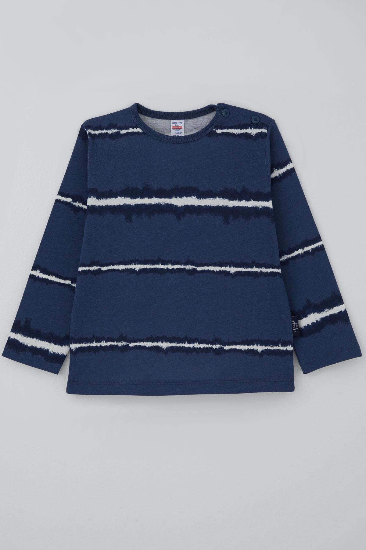 Breeze Erkek Bebek Uzun Kollu Tişört Patlı Batik Çizgi Desenli Lacivert (9 Ay-3 Yaş)