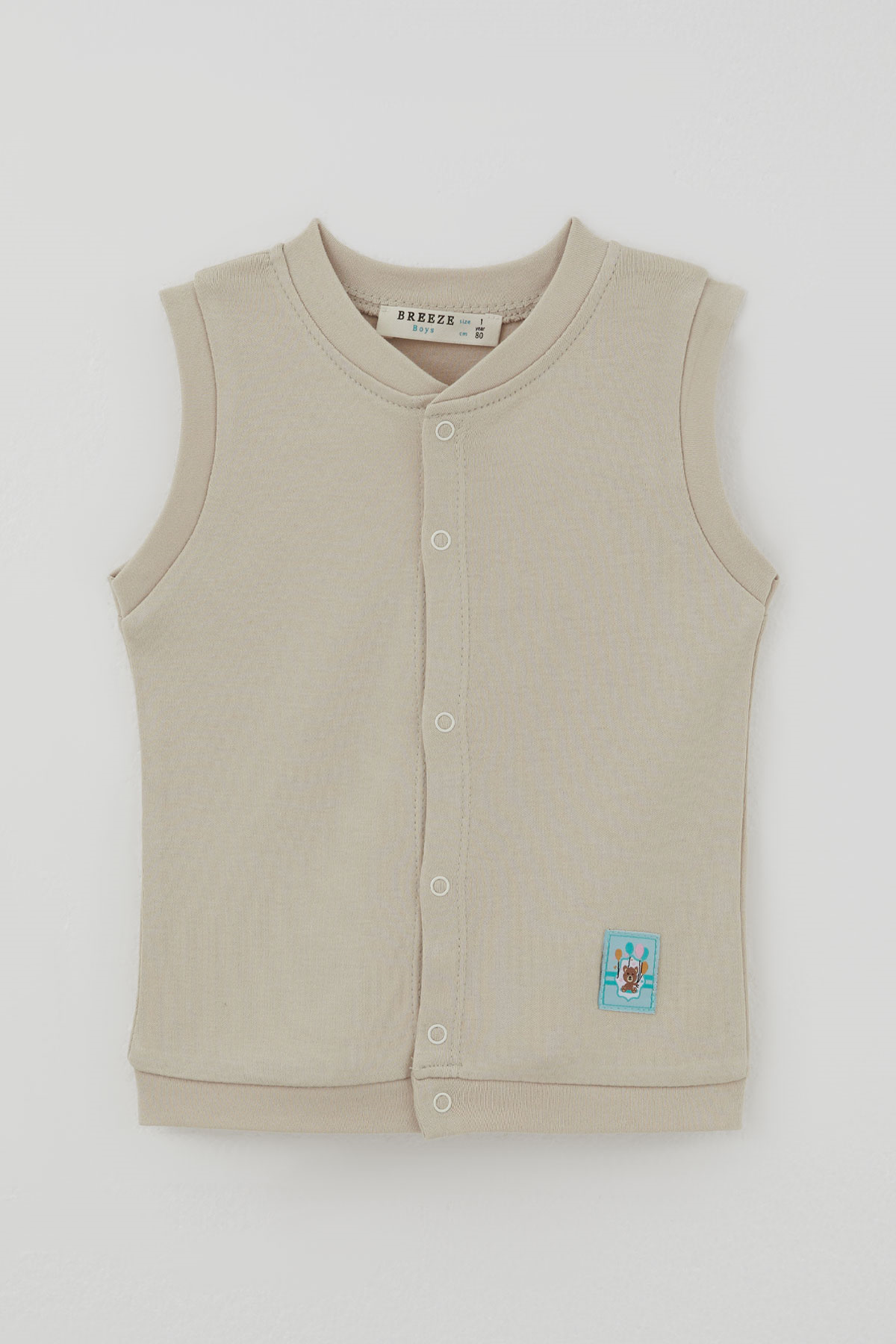Breeze Erkek Bebek Yelek Çıtçıtlı Balonlu Sevimli Ayıcık Armalı Bej (4 Ay - 1 Yaş)