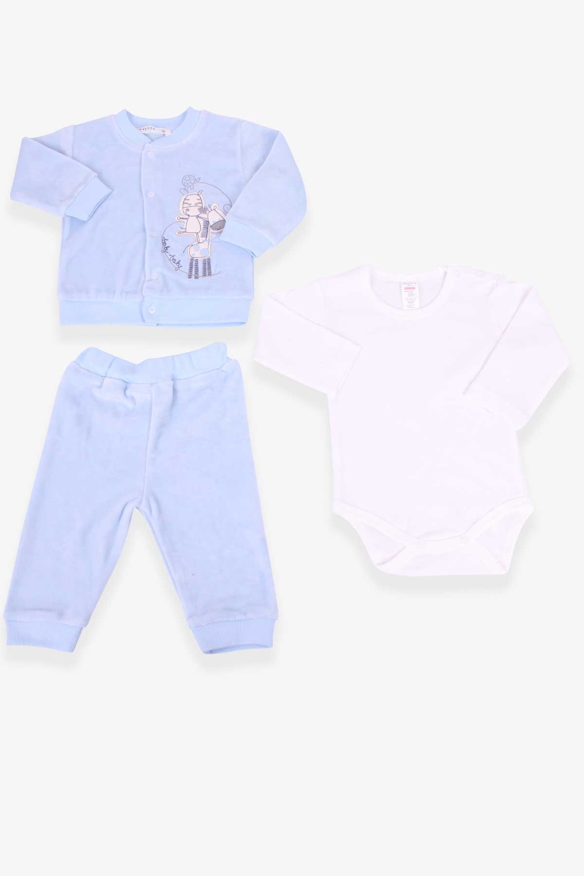 Breeze Erkek Bebek Zıbınlı 3 lü Takım Nakışlı Bebe Mavisi (0-3 Ay-9 Ay)