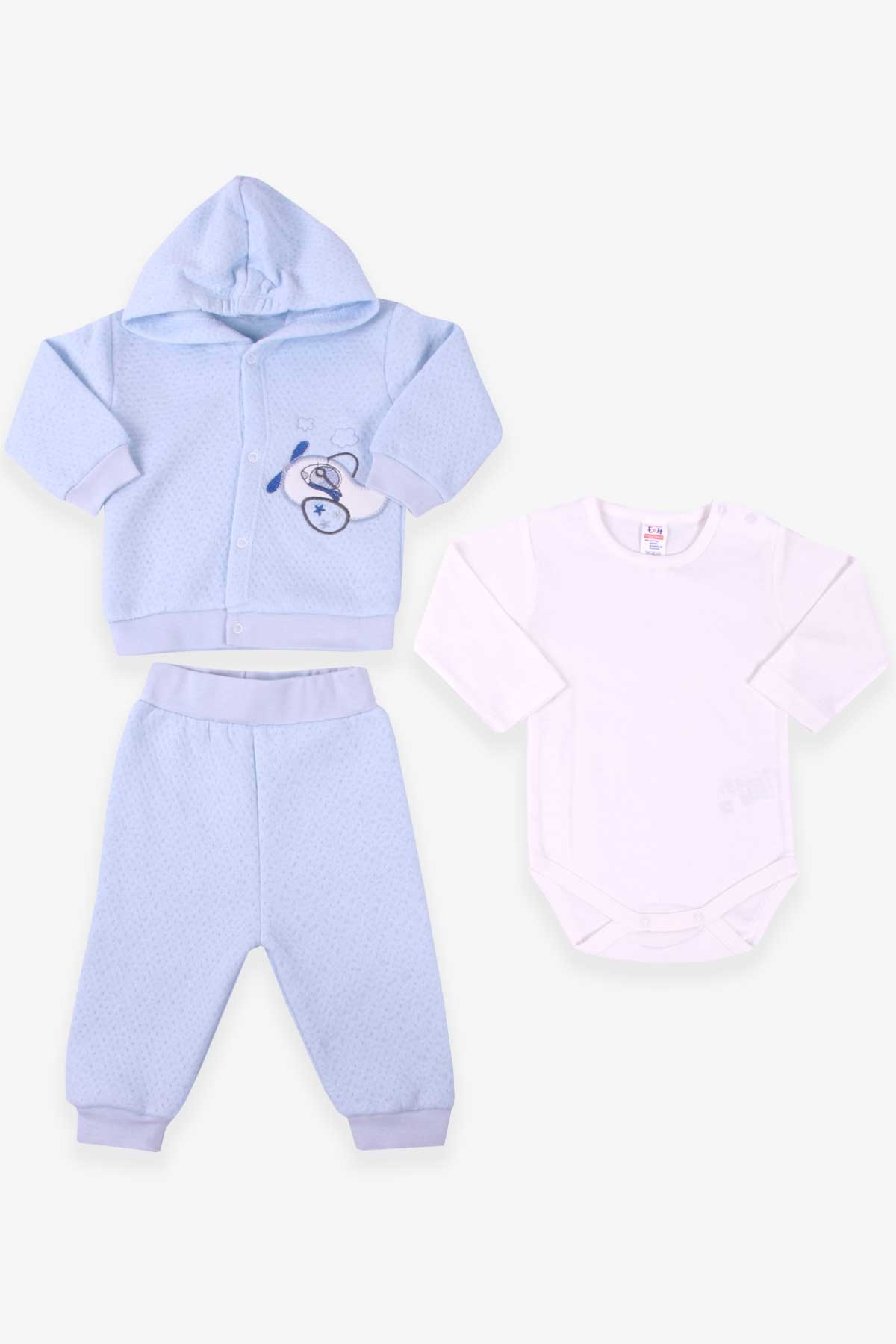 Breeze Erkek Bebek Zıbınlı 3 lü Takım Uçak Nakışlı Bebe Mavisi (0-3-9 Ay)