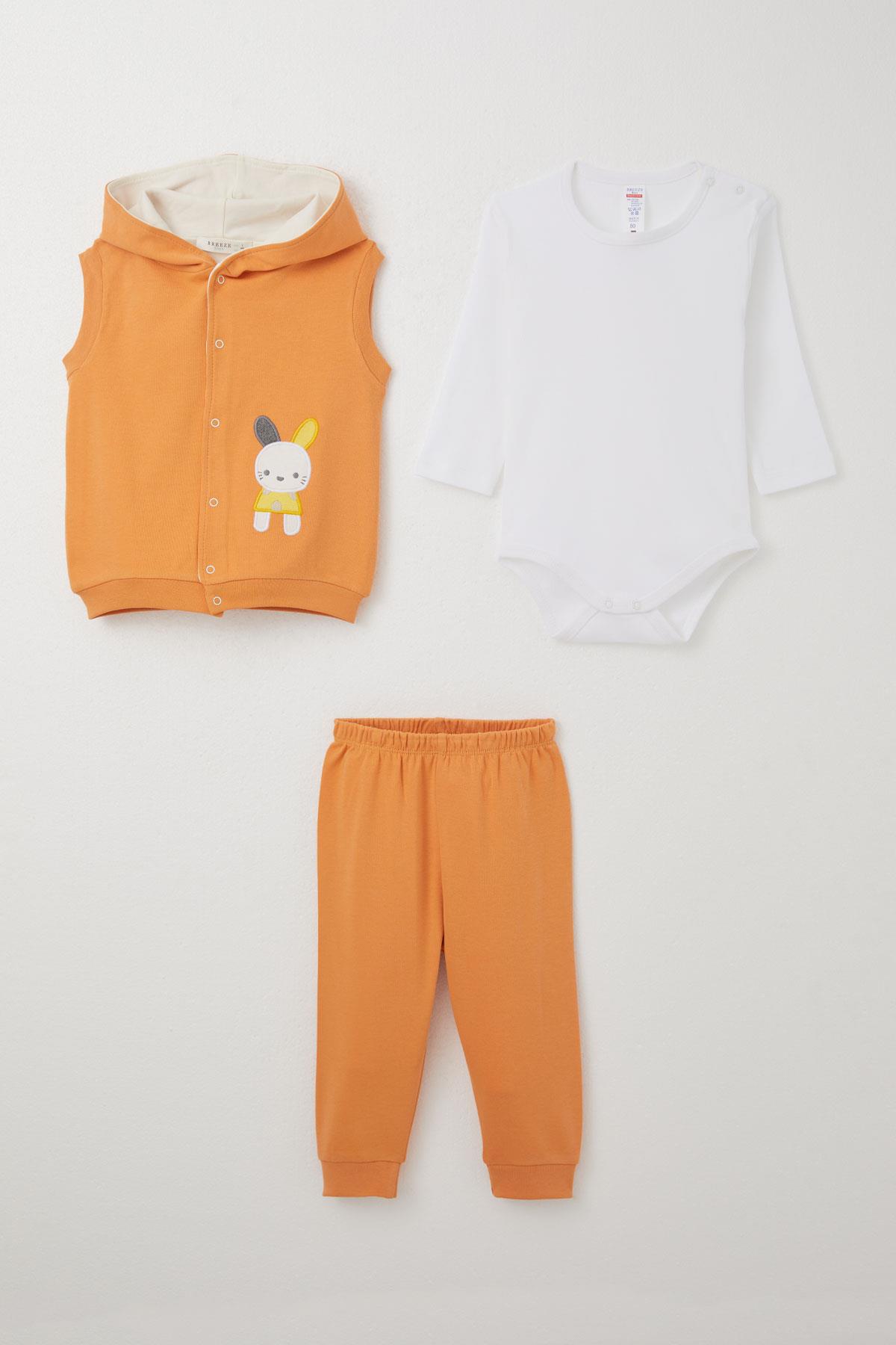Breeze Erkek Bebek Zıbınlı 3 lü Takım Sevimli Tavşancık Nakışlı Kapüşonlu Turuncu (4 Ay-1 Yaş)