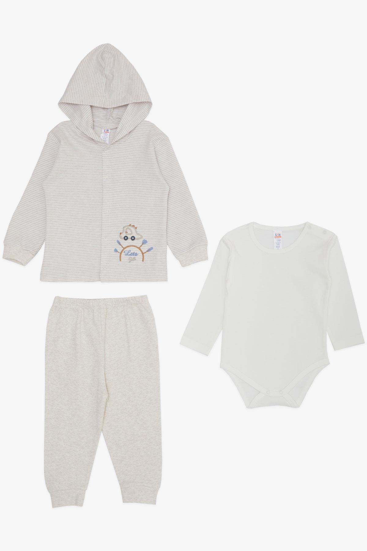 Breeze Erkek Bebek Zıbınlı 3 lü Takım Yolculuk Temalı Araba Nakışlı Bej Melanj (4 Ay-1 Yaş)