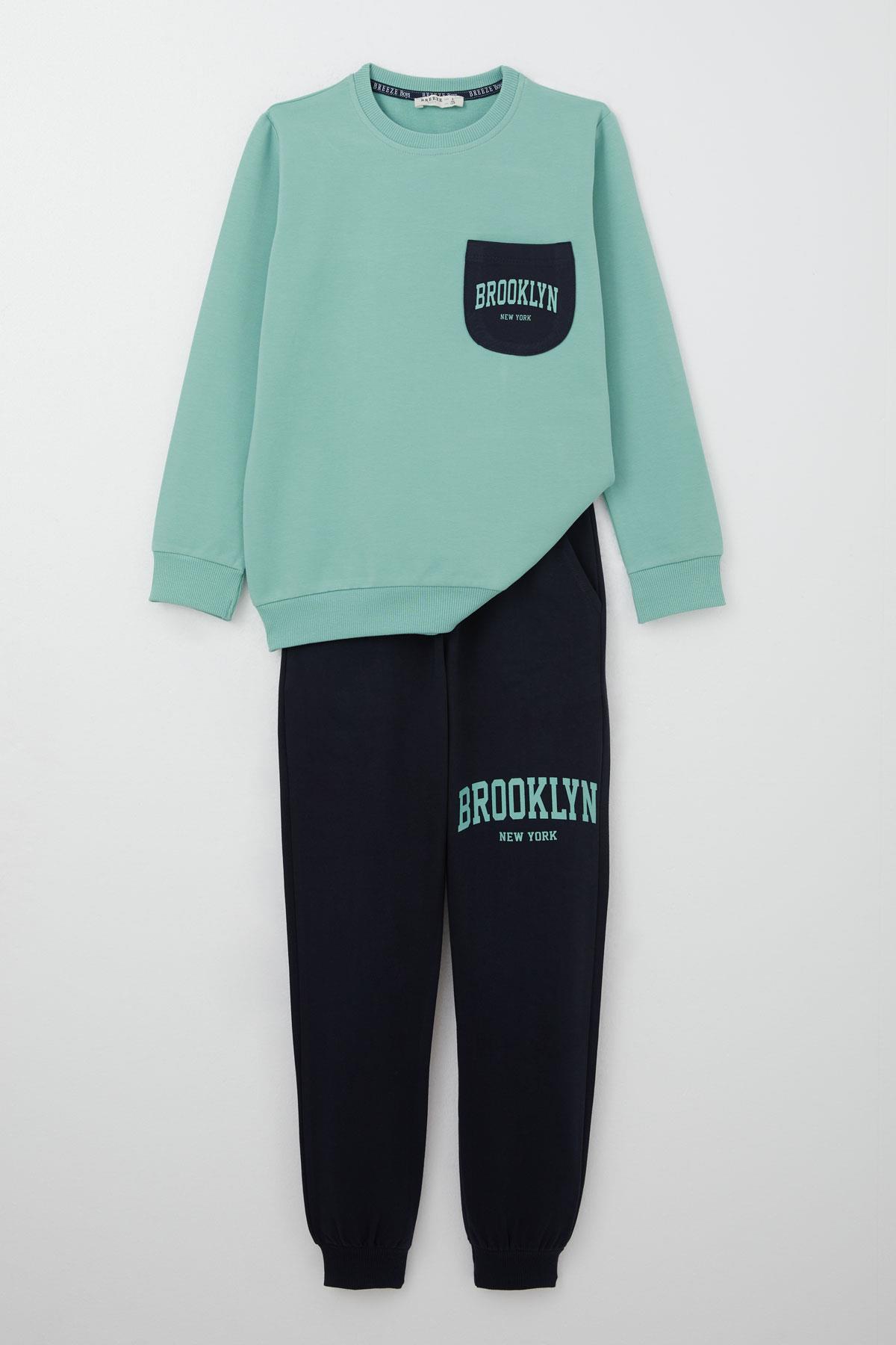 Breeze Erkek Çocuk Eşofman Takım Cep Kısmı Brooklyn Baskılı Su Yeşili (6-12 Yaş)