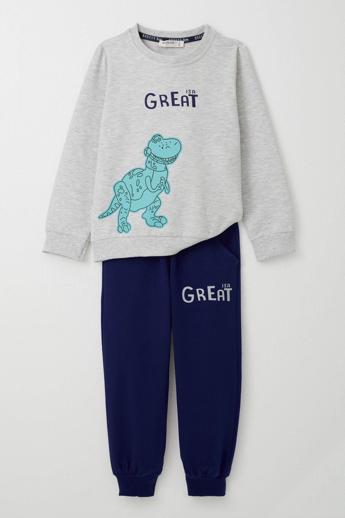 Breeze Erkek Çocuk Eşofman Takım Harika Dinozor Baskılı Açık Gri Melanj (1.5-5 Yaş)