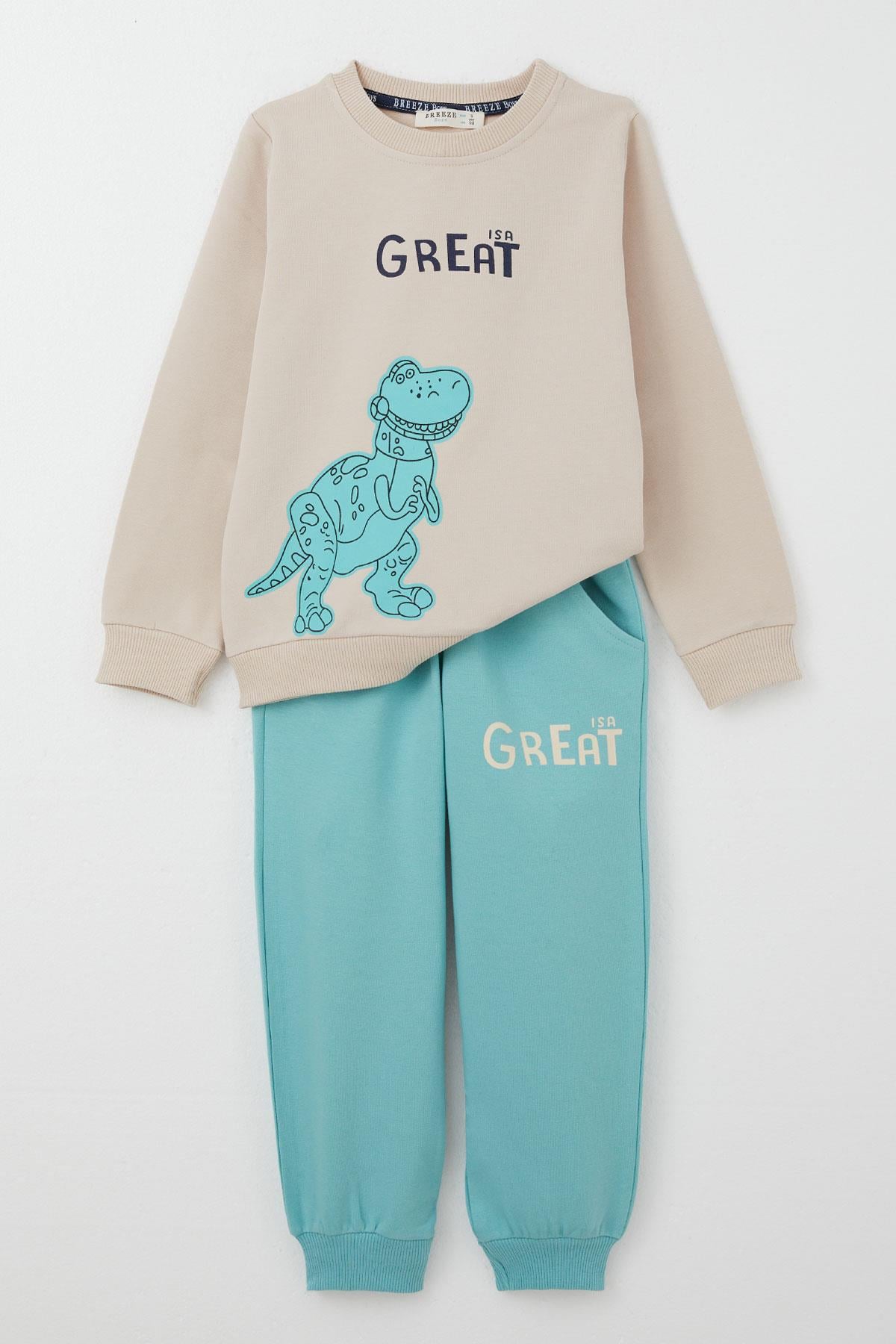 Breeze Erkek Çocuk Eşofman Takım Harika Dinozor Baskılı Bej (1.5-5 Yaş)