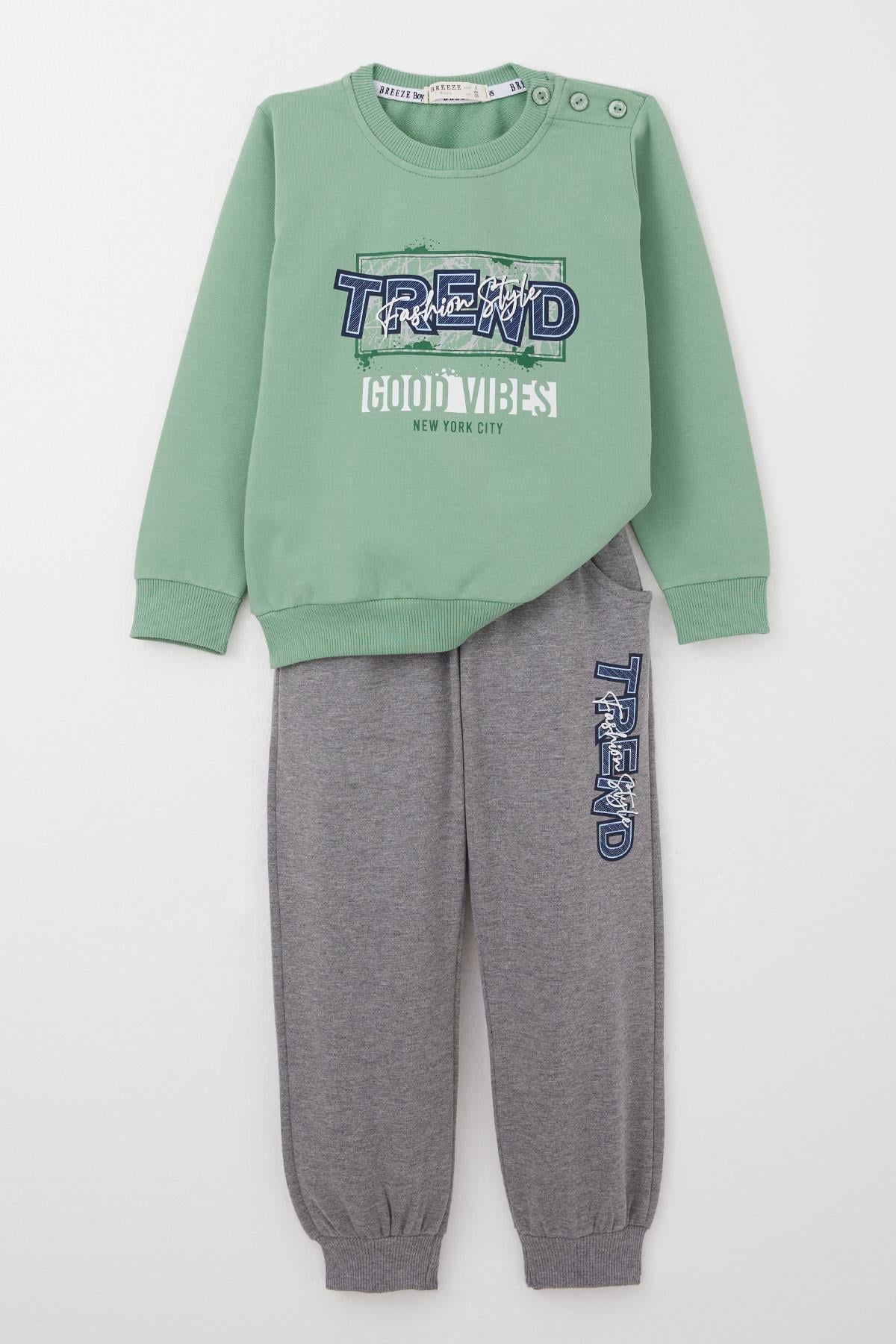 Breeze Erkek Çocuk Eşofman Takım Moda Temalı Yazı Baskılı Mint Yeşili (2-6 Yaş)