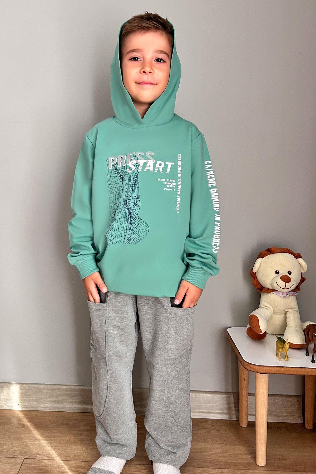 Breeze Erkek Çocuk Eşofman Takım Oyun Temalı Önden Cepli Mint Yeşili (5-9 Yaş)