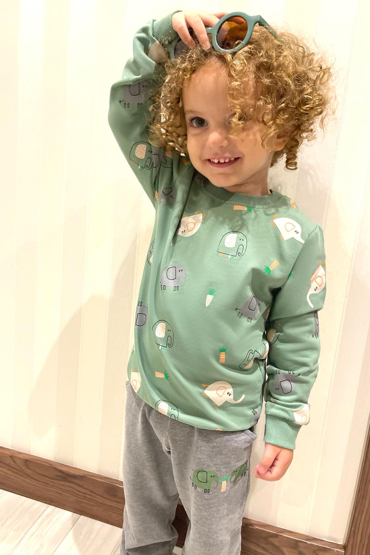 Breeze Erkek Çocuk Eşofman Takım Sevimli Fil Desenli Mint Yeşili (1-4 Yaş)