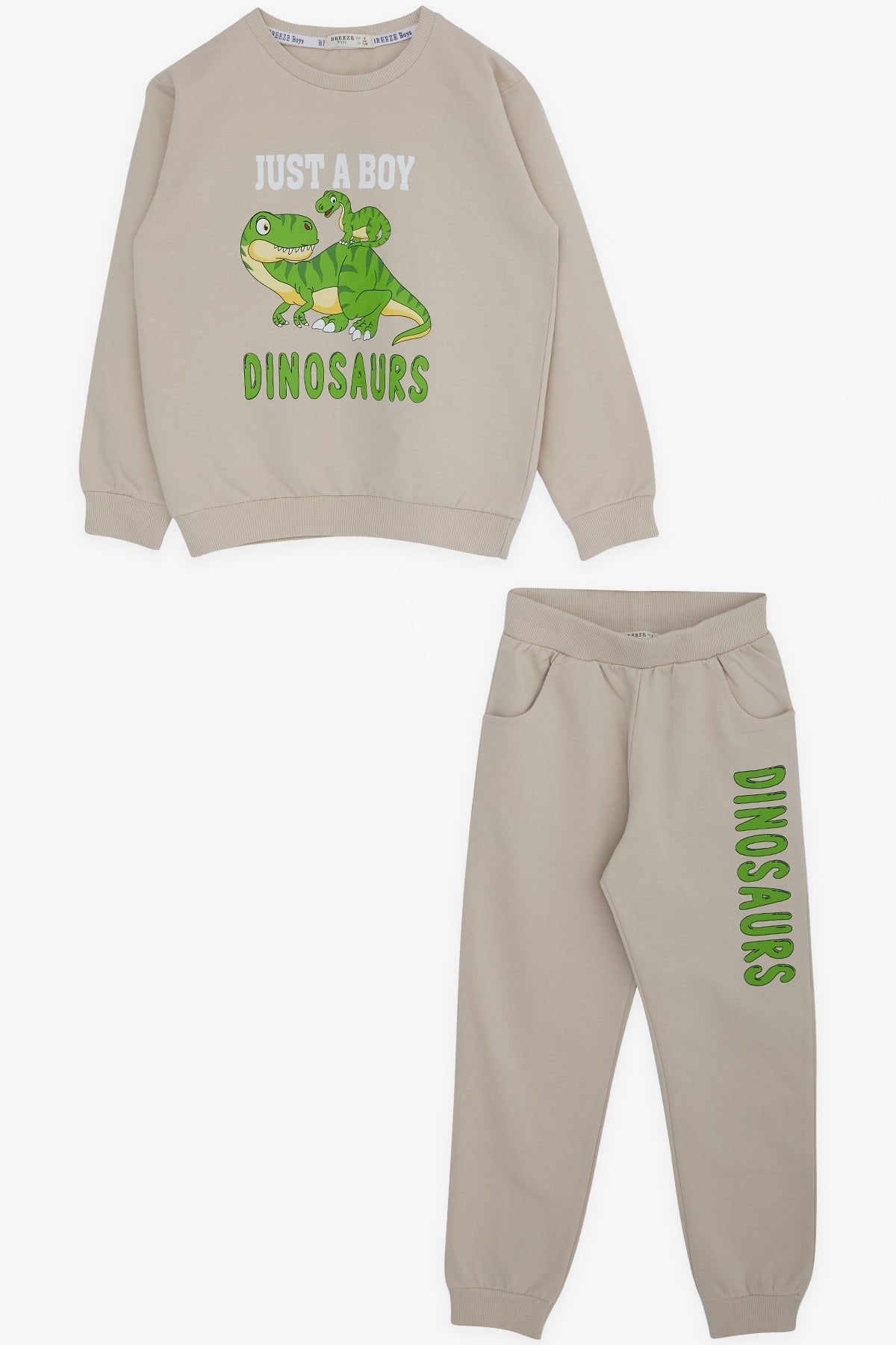 Breeze Erkek Çocuk Eşofman Takımı Dinozor Baskılı Bej (4-8 Yaş)