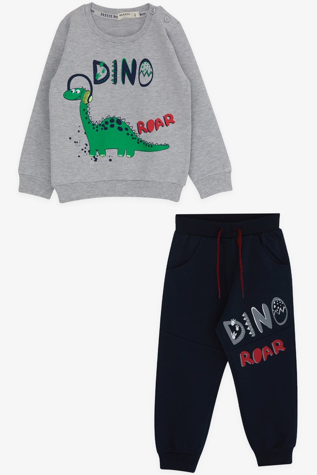 Breeze Erkek Çocuk Eşofman Takımı Dinozor Baskılı Gri Melanj (1.5-5 Yaş)
