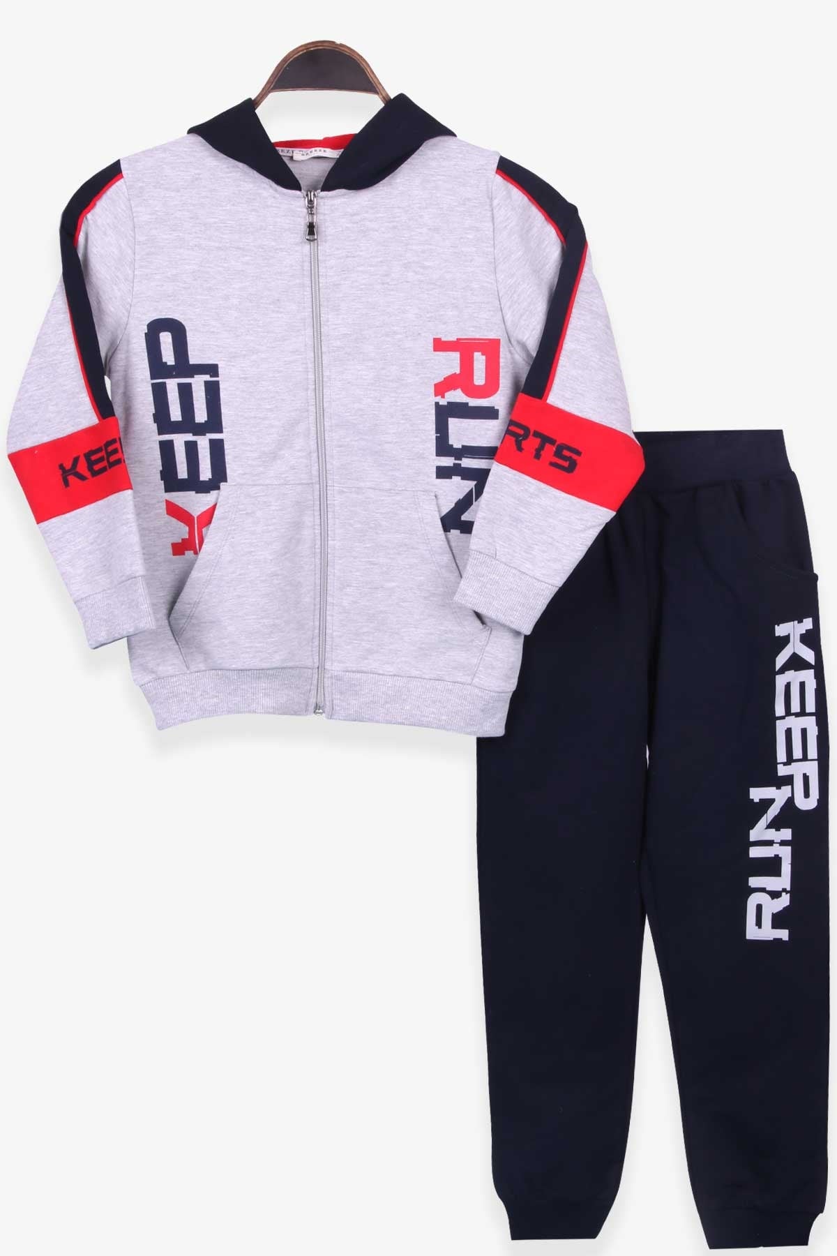 Breeze Erkek Çocuk Eşofman Takımı Fermuarlı Kapüşonlu Gri Melanj (7-12 Yaş)