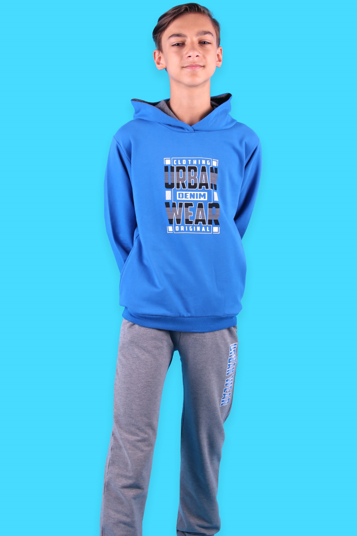 Breeze Erkek Çocuk Eşofman Takımı Kapüşonlu Urban Baskılı Mavi (6-12 Yaş)