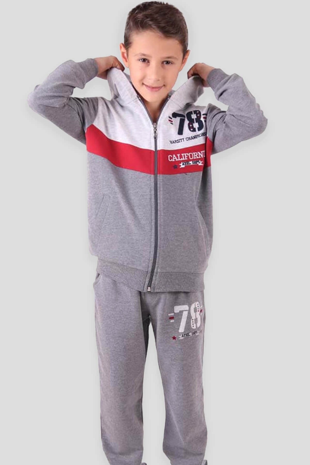 Breeze Erkek Çocuk Eşofman Takımı Kapüşonlu Gri-Kırmızı (9-14 Yaş)