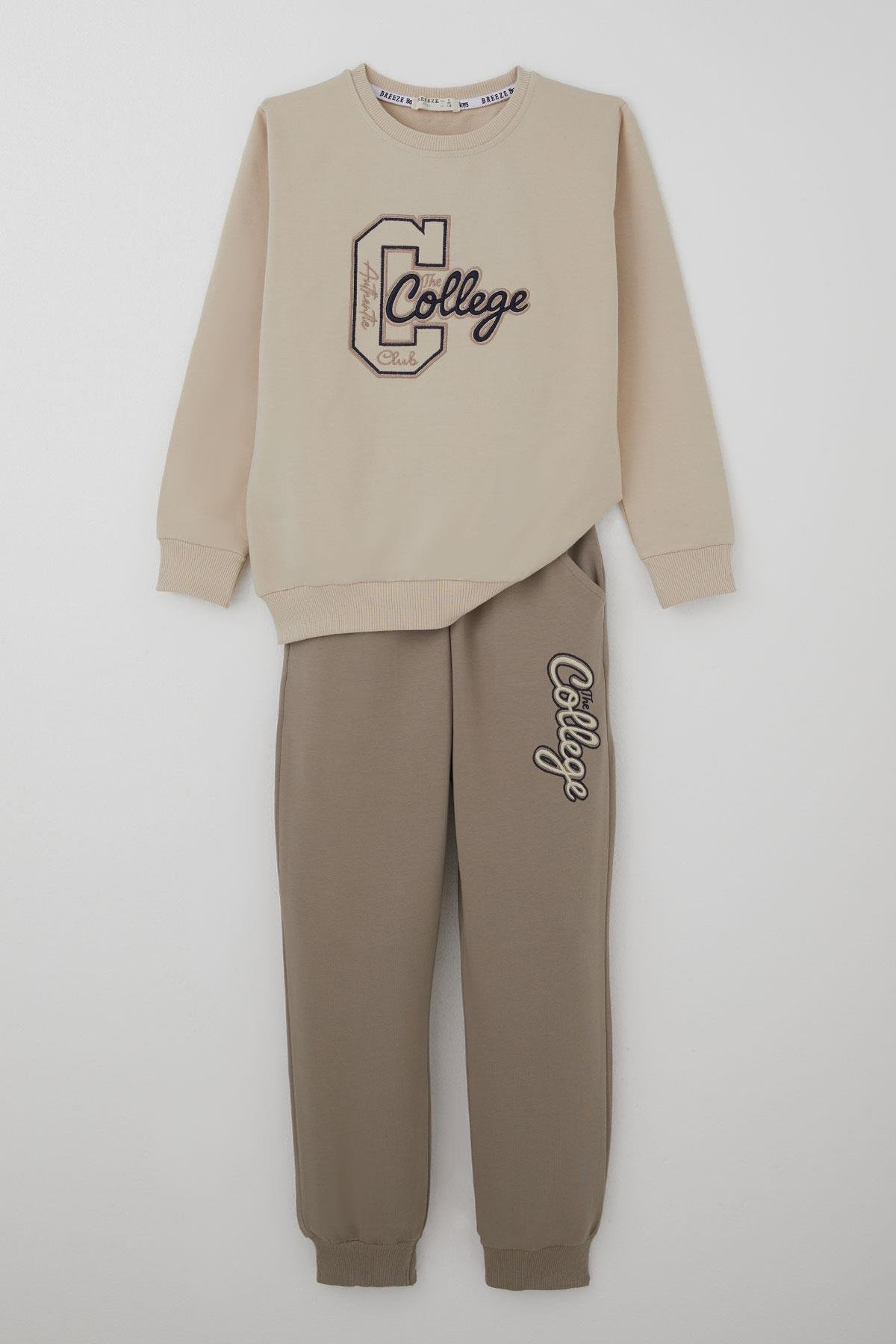 Breeze Erkek Çocuk Eşofman Takımı Kolej Rüzgarı Yazı Nakışlı Bej (5-10 Yaş)