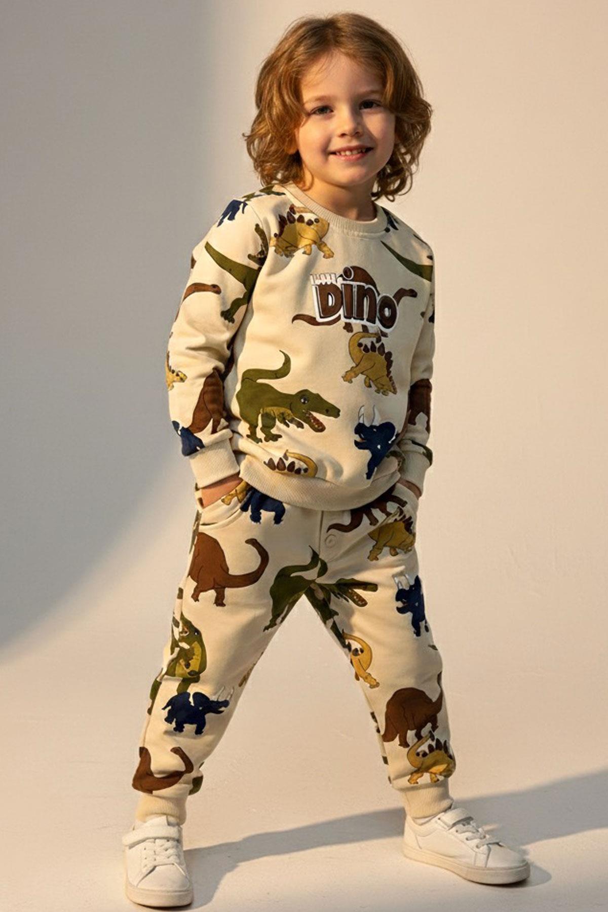 Breeze Erkek Çocuk Eşofman Takımı Kükreyen Dinozorlar Desenli Krem (1.5-5 Yaş)