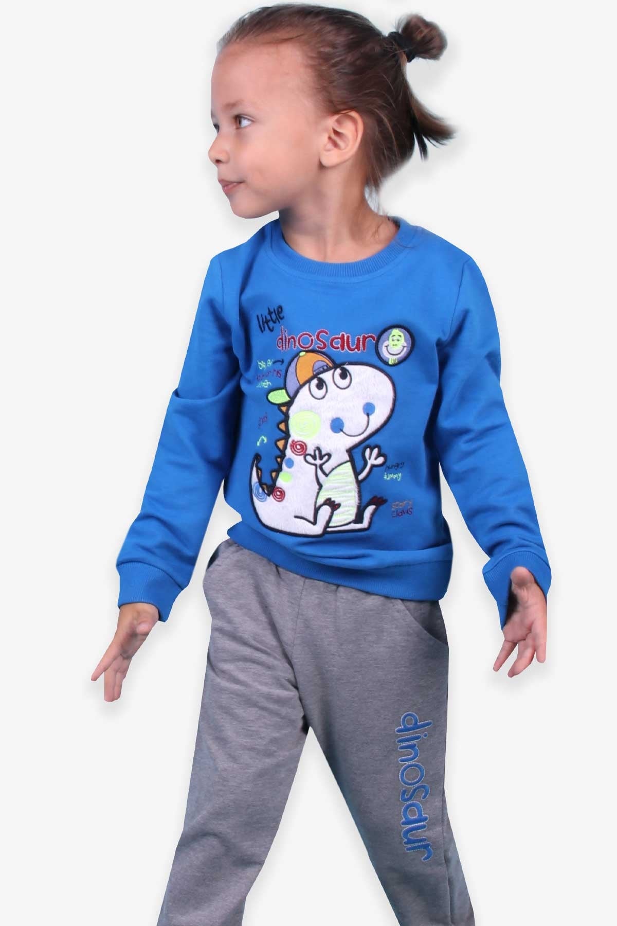 Breeze Erkek Çocuk Eşofman Takımı Minik Dinozor Nakışlı Saks Mavisi (1-4 Yaş)