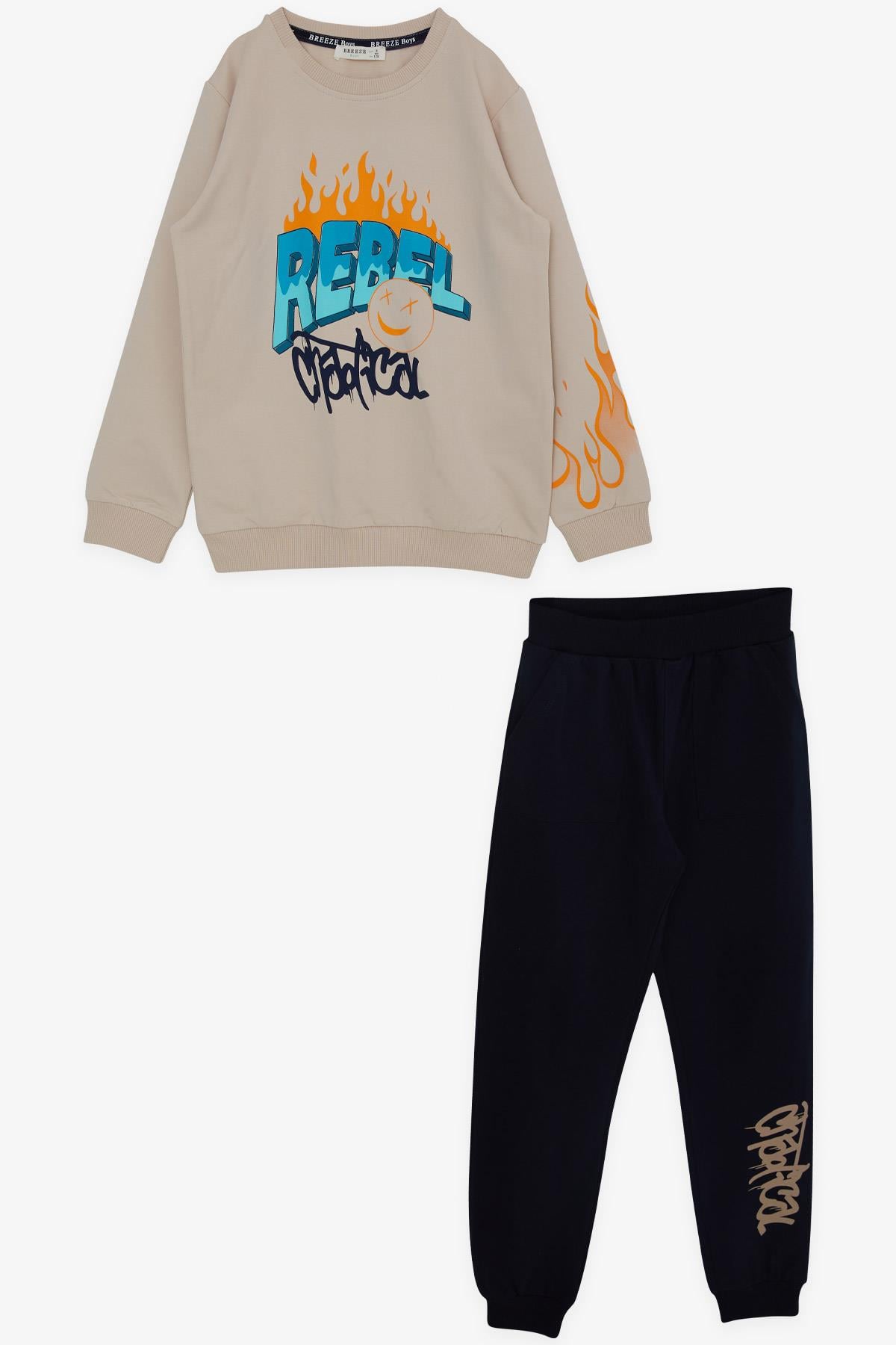 Breeze Erkek Çocuk Eşofman Takımı Rebel Emoji Baskılı Bej (5-10 Yaş)