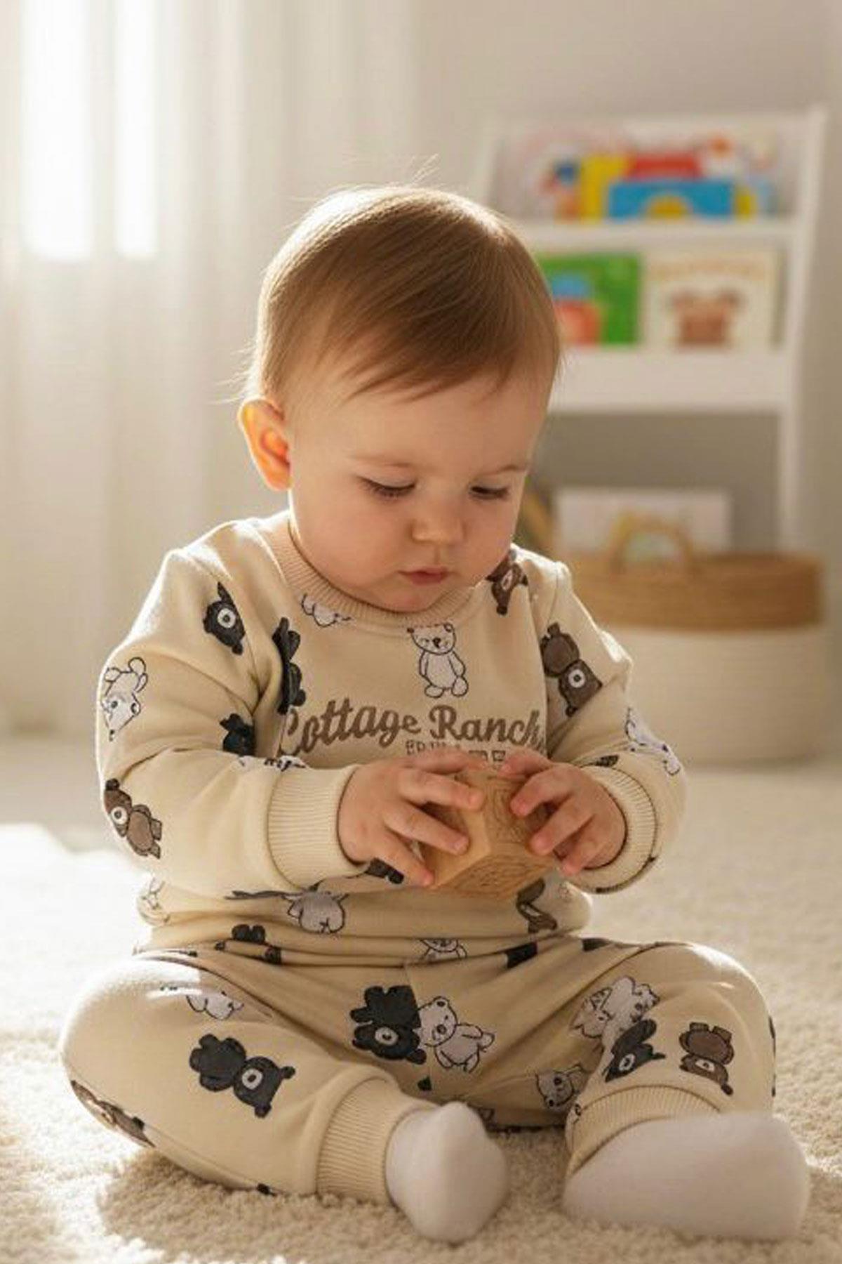 Breeze Erkek Çocuk Eşofman Takımı Sevimli Ayıcıklar Desenli Krem (1-3 Yaş)