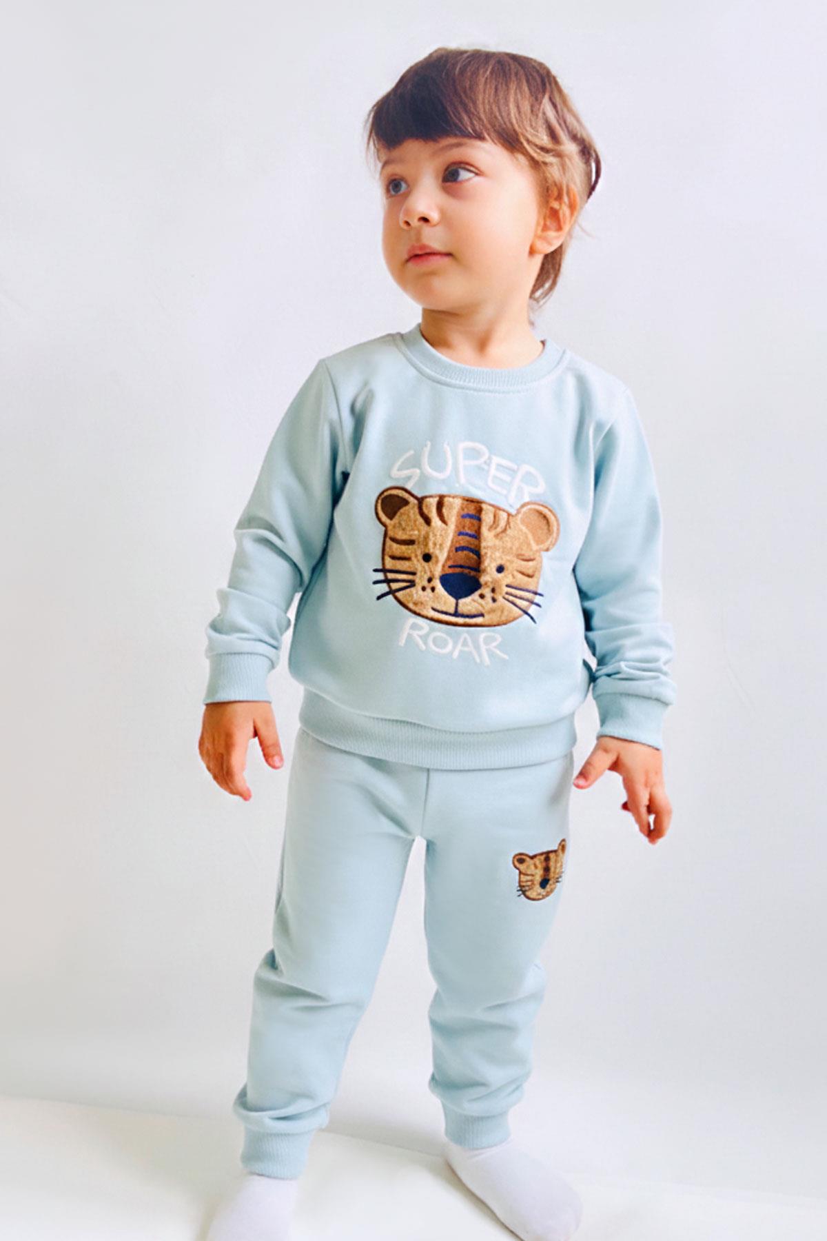 Breeze Erkek Çocuk Eşofman Takımı Sevimli Kaplan Nakışlı Su Yeşili (1-4 Yaş)