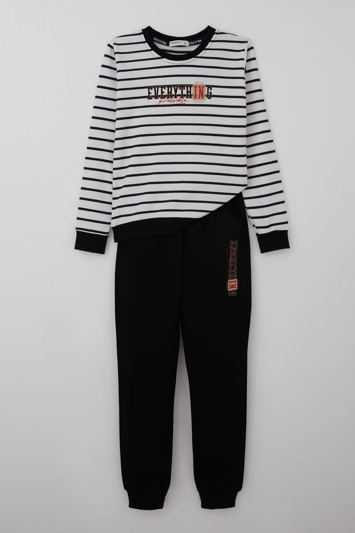 Breeze Erkek Çocuk Eşofman Takımı Yazı Baskılı Çizgili Beyaz (4-8 Yaş)