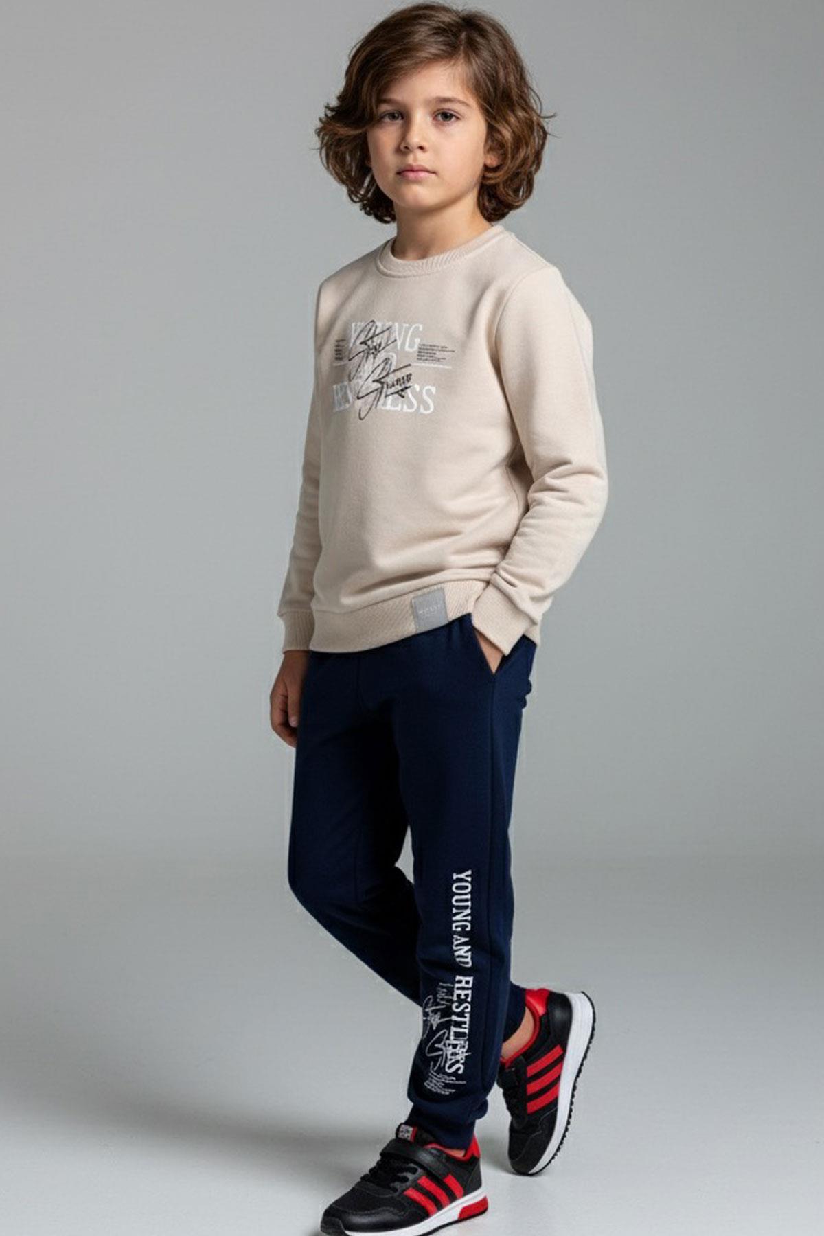 Breeze Erkek Çocuk Eşofman Takımı Yazı Baskılı Bej (4-8 Yaş)
