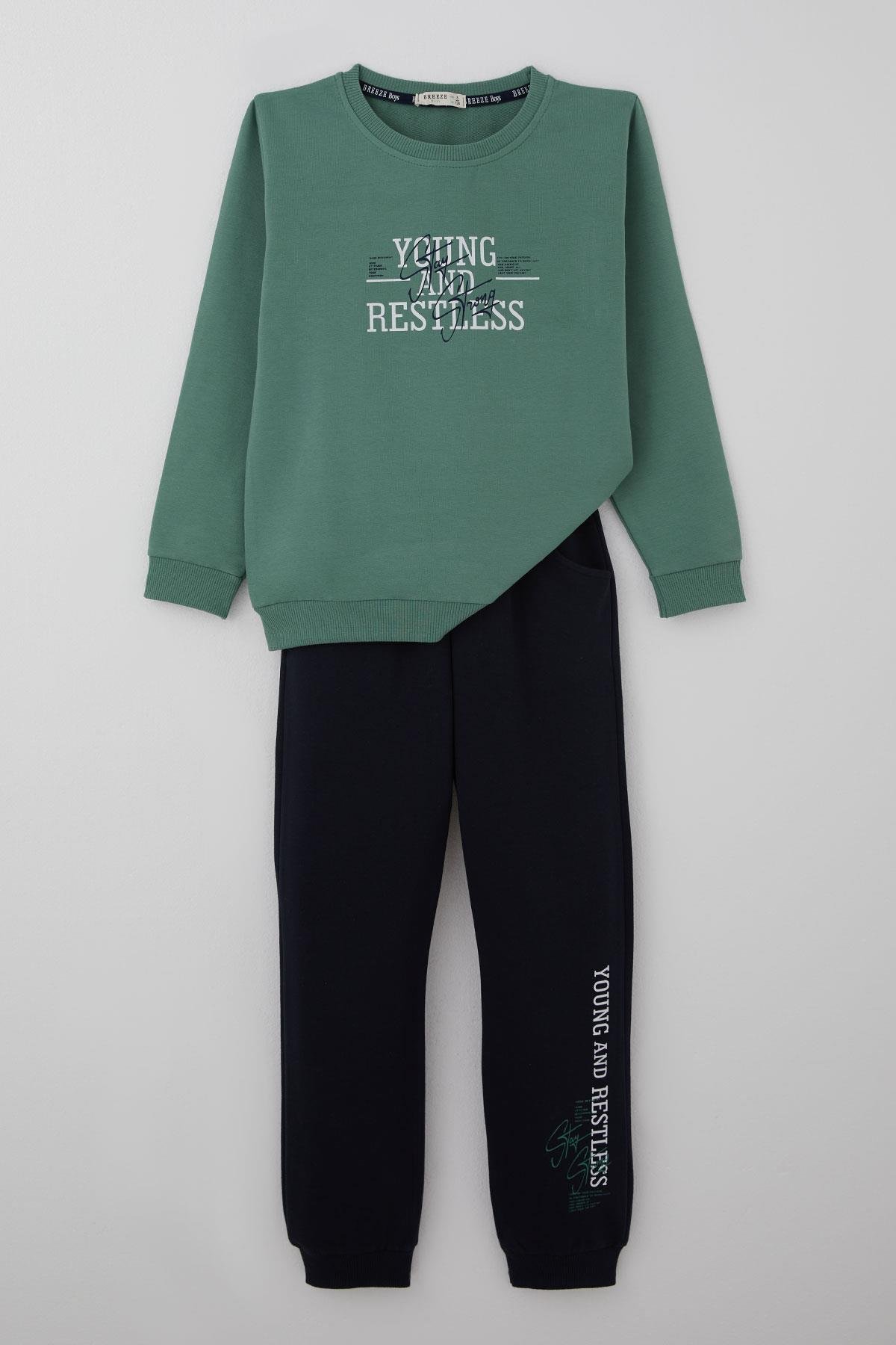 Breeze Erkek Çocuk Eşofman Takımı Yazı Baskılı Petrol Yeşili (4-8 Yaş)