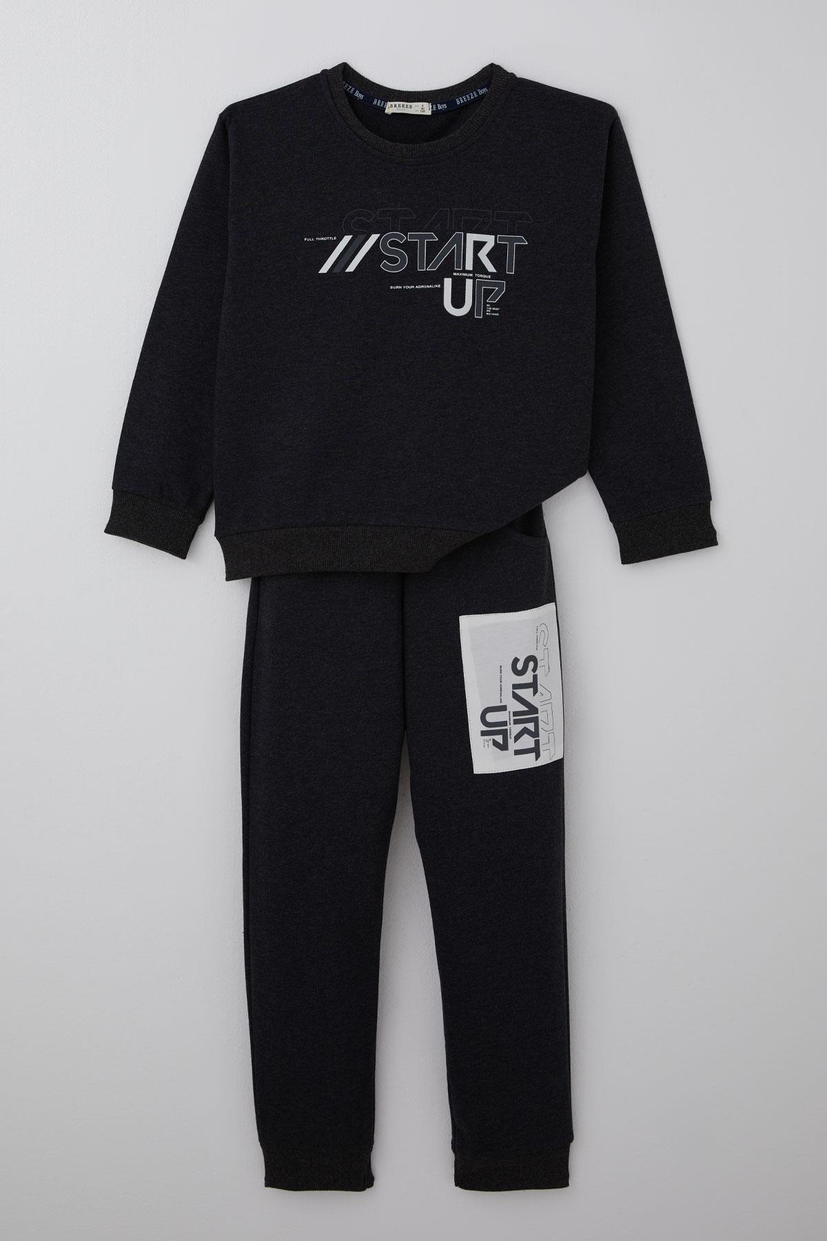 Breeze Erkek Çocuk Eşofman Takımı Yazı Baskılı Pantolonu Parça Detaylı Füme Melanj (5-10 Yaş)